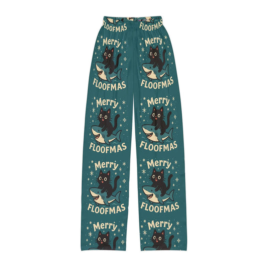 Kids Lounge Pants - 'Merry Floofmas' Cat & Shark Holiday Print Printify