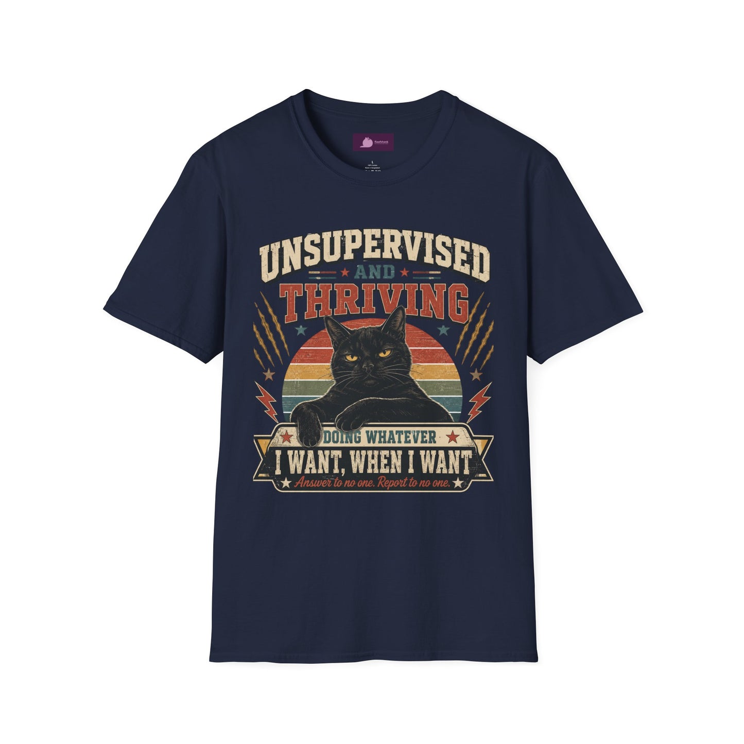 Unsupervised and Thriving Cat T-Shirt — Funny Black Cat Retro Graphic Tee