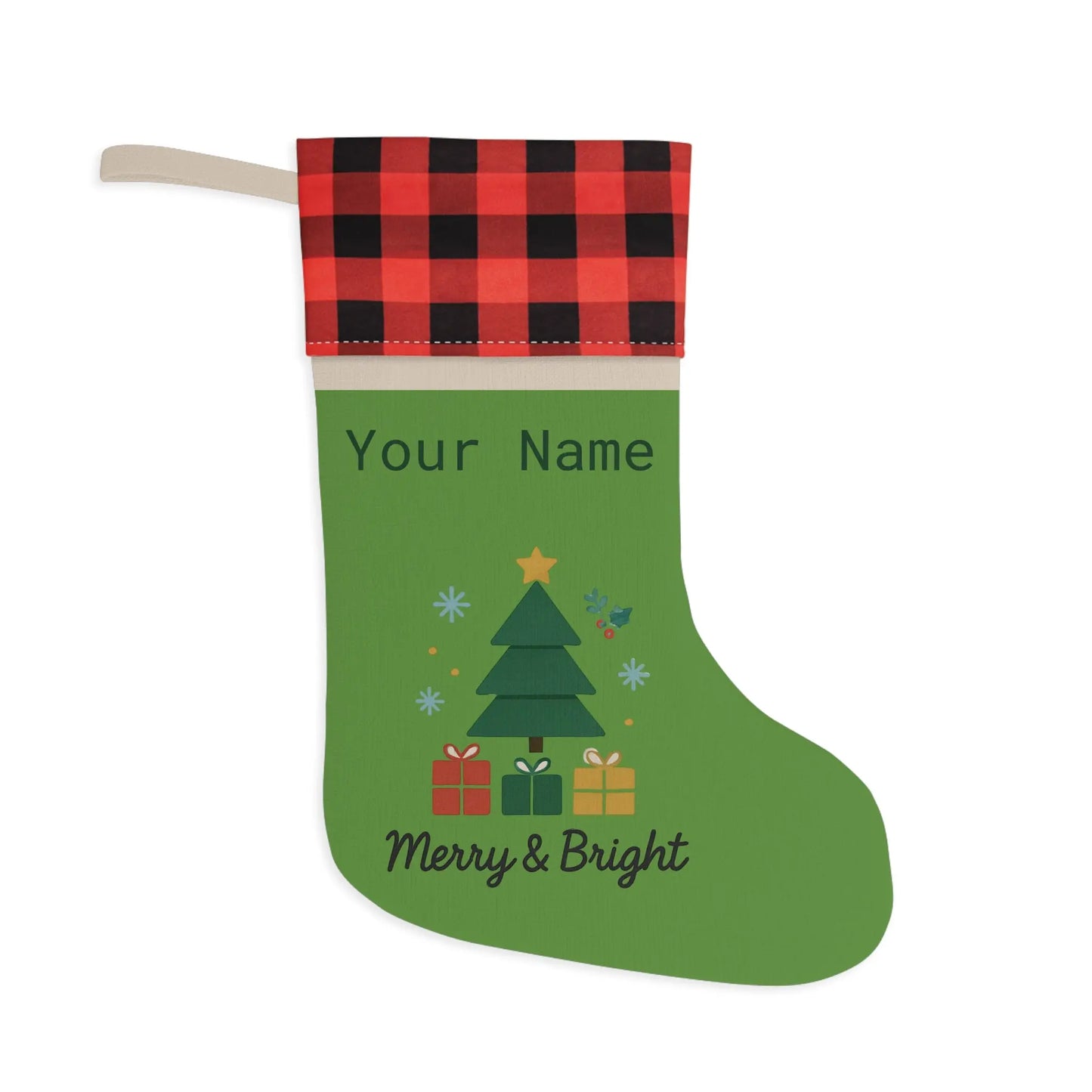 Personalized Merry & Bright Christmas Stocking – Buffalo Plaid Cuff, Custom Name Holiday Decor Printify