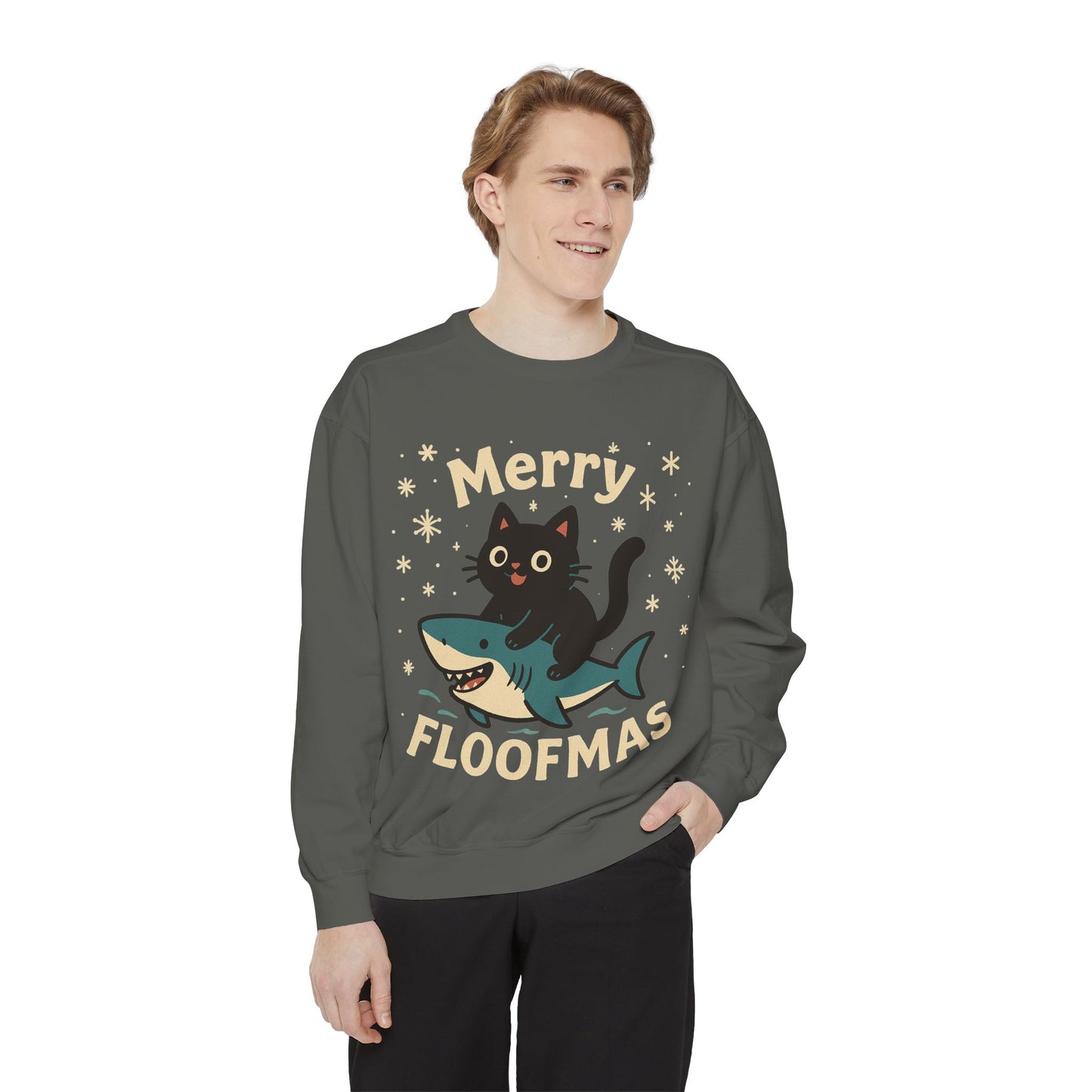 Merry Floofmas Sweatshirt — Cute Cat Riding Shark Holiday Sweater