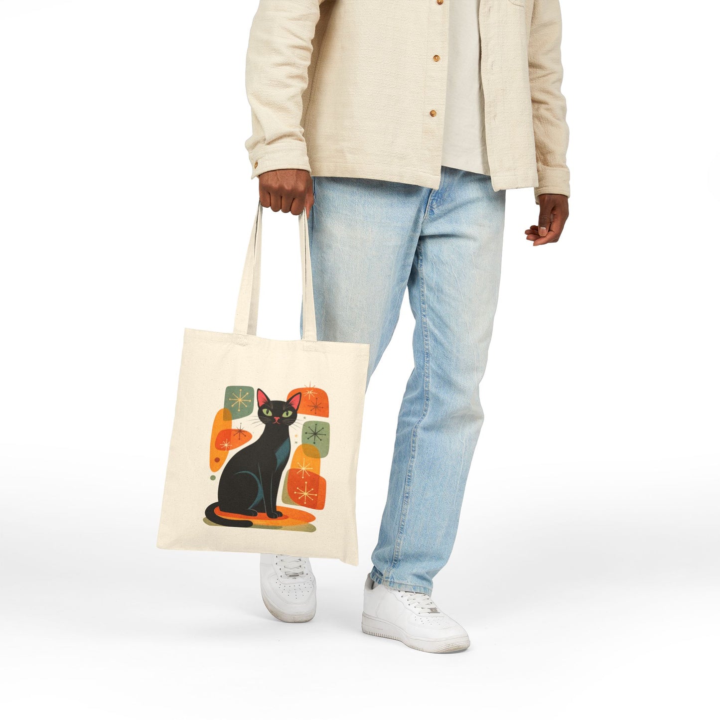 Retro Black Cat Graphic Canvas Tote Bag