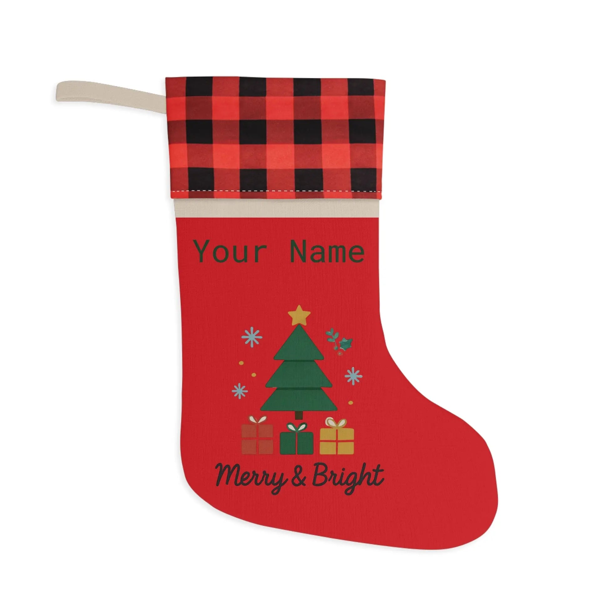 Personalized Merry & Bright Christmas Stocking – Buffalo Plaid Cuff, Custom Name Holiday Decor Printify