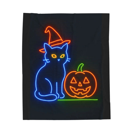 Velveteen Plush Blanket | Cozy Halloween Cat Soft Throw for Fall, Spooky Decor, Gift for Cat Lovers, Autumn Snuggle, Cozy Home, Halloween