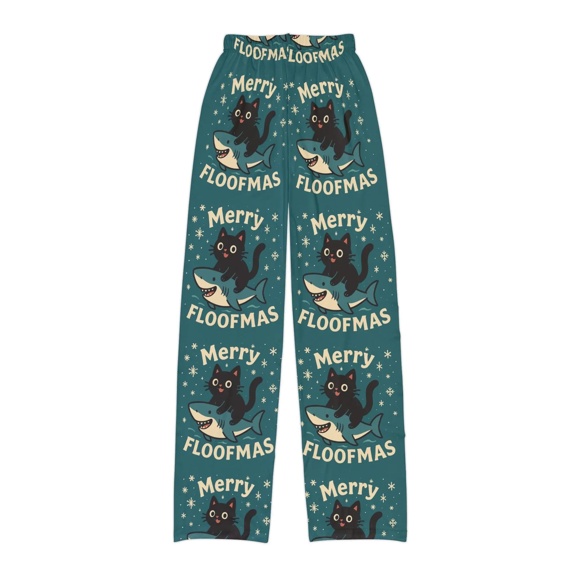 Kids Lounge Pants - 'Merry Floofmas' Cat & Shark Holiday Print Printify