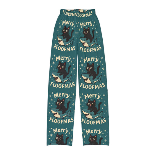Kids Lounge Pants - 'Merry Floofmas' Cat & Shark Holiday Print Printify