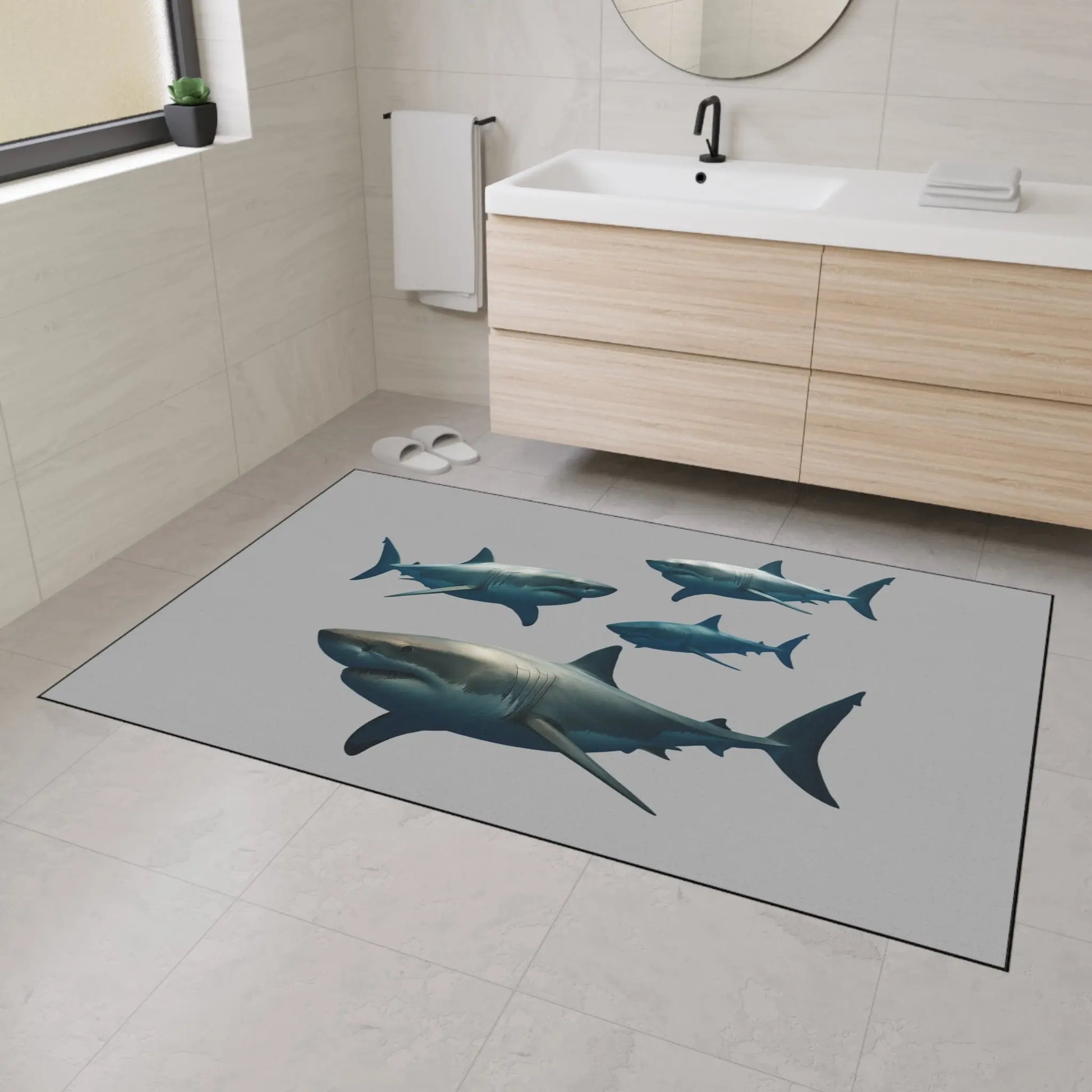 Shark School Heavy-Duty Floor Mat — Durable Ocean Shark Rug for Entryway, Garage, or Bathroom Printify