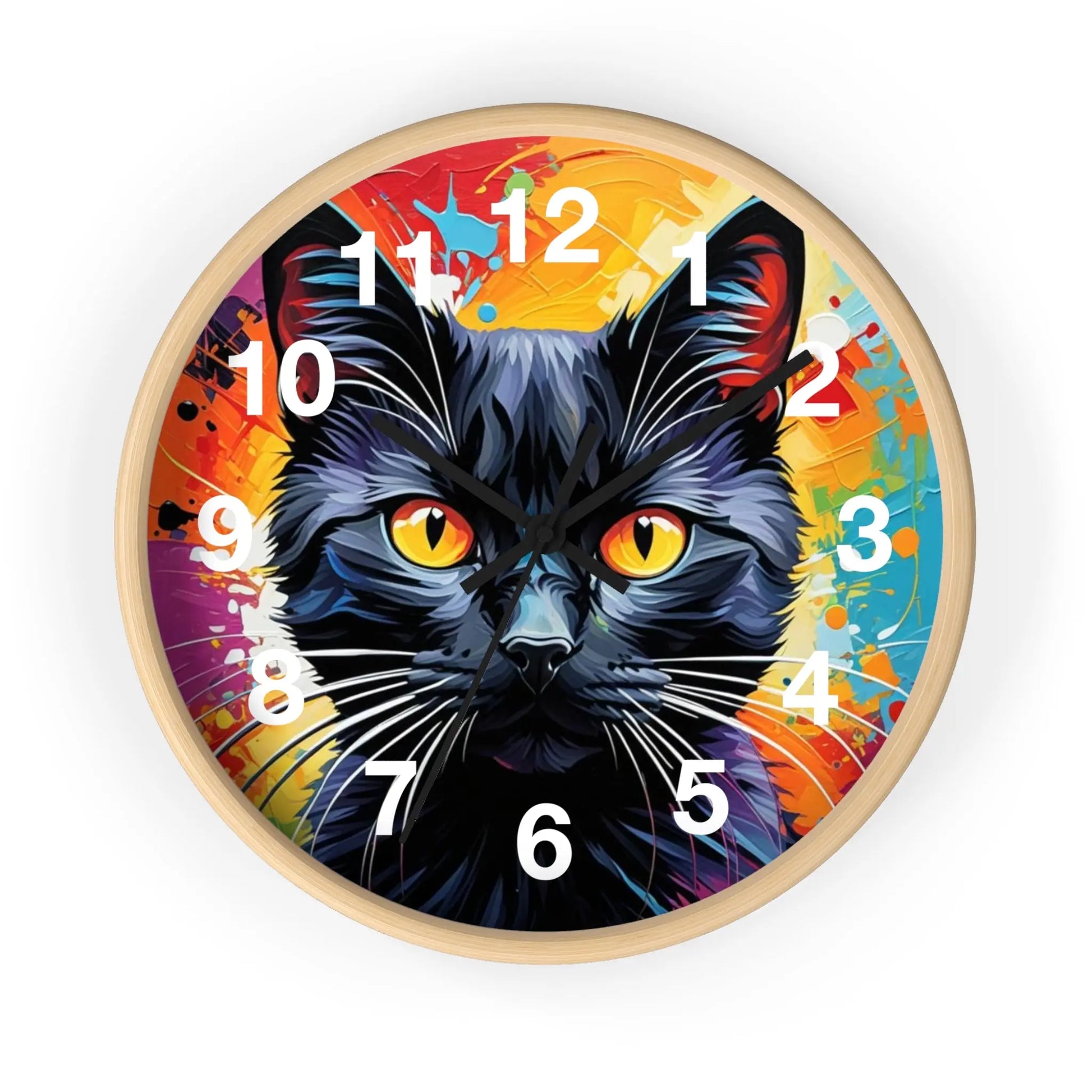Black Cat Wall Clock — Colorful Pop Art Cat Clock with Yellow Eyes Printify