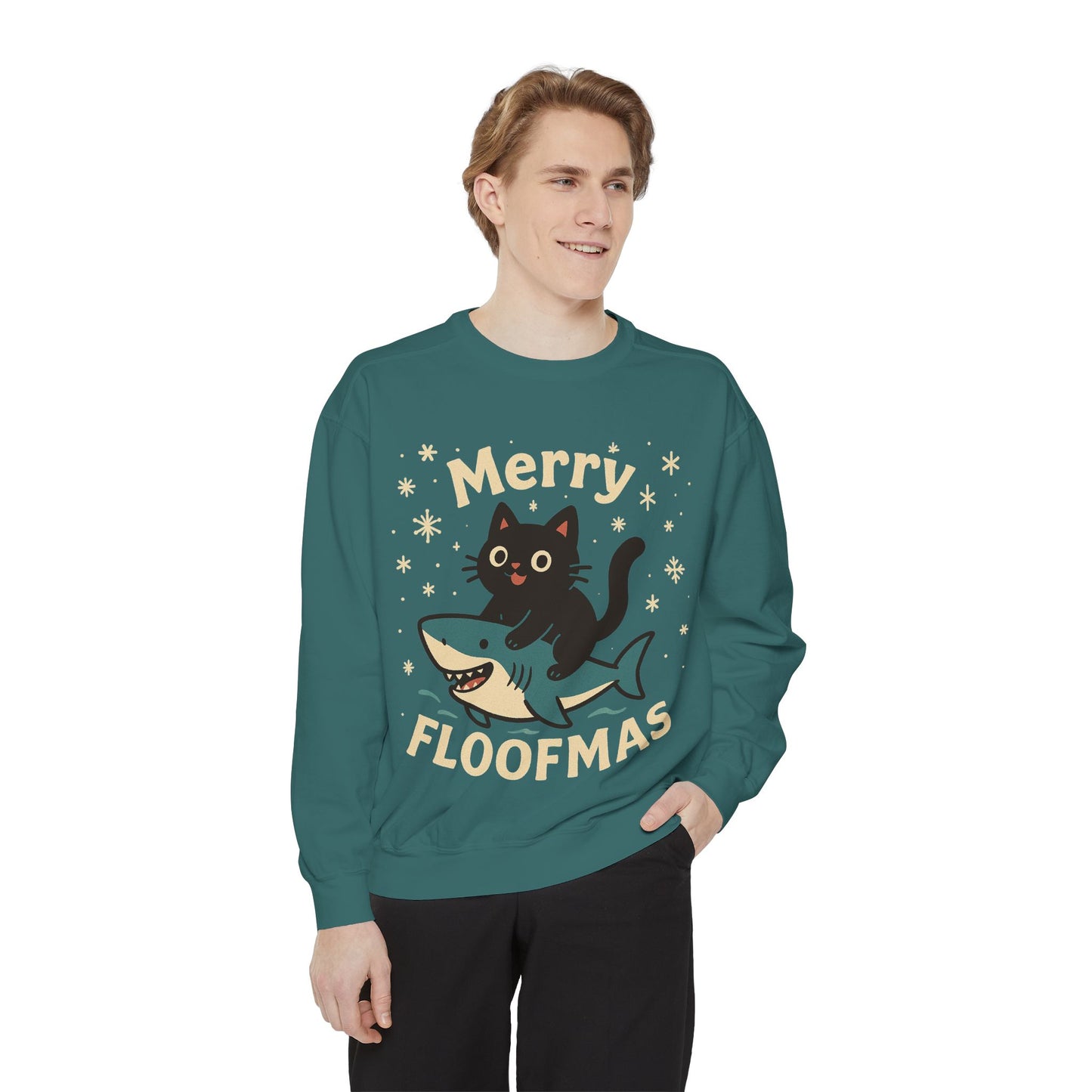 Merry Floofmas Sweatshirt — Cute Cat Riding Shark Holiday Sweater