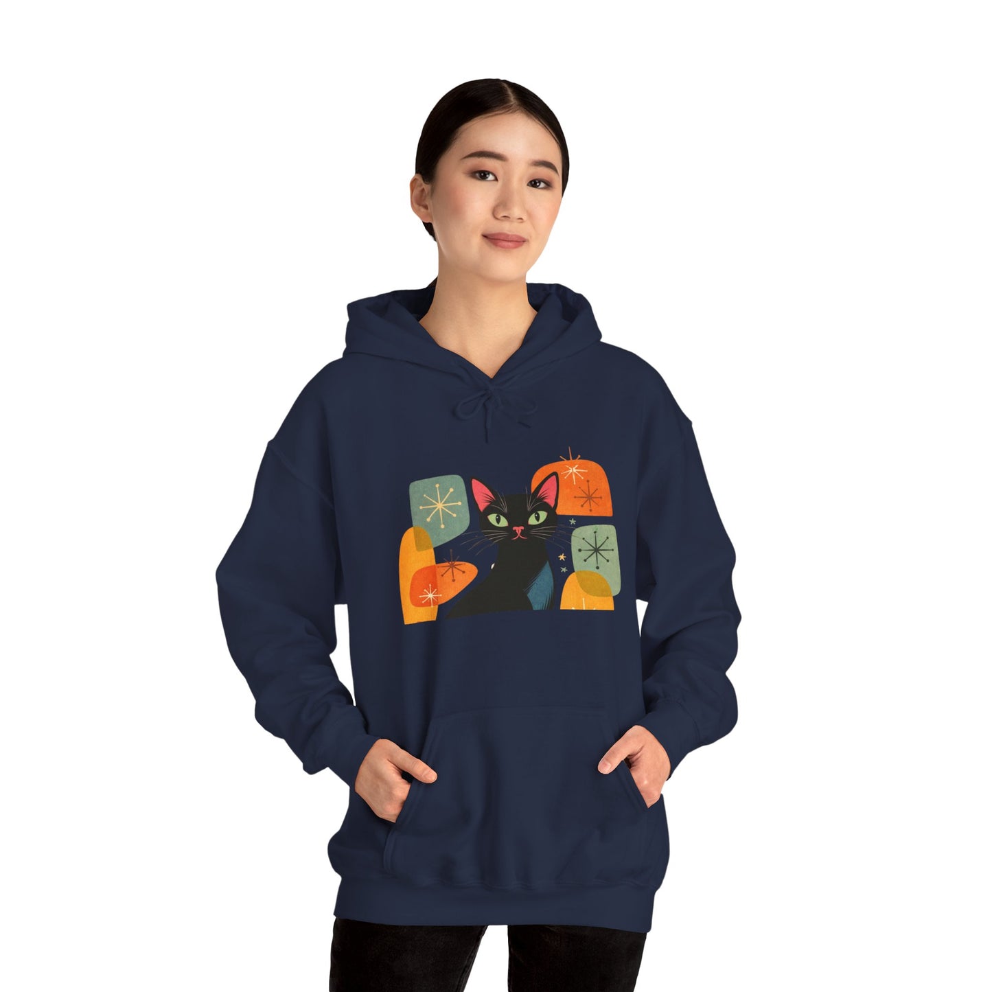 Mid-Century Modern Cat Hoodie — Retro Cool Graphic Sweatshirt