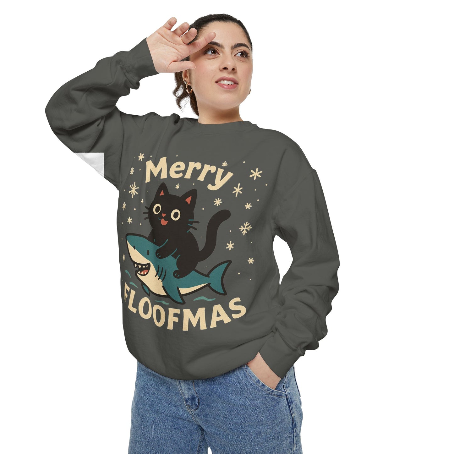 Merry Floofmas Sweatshirt — Cute Cat Riding Shark Holiday Sweater