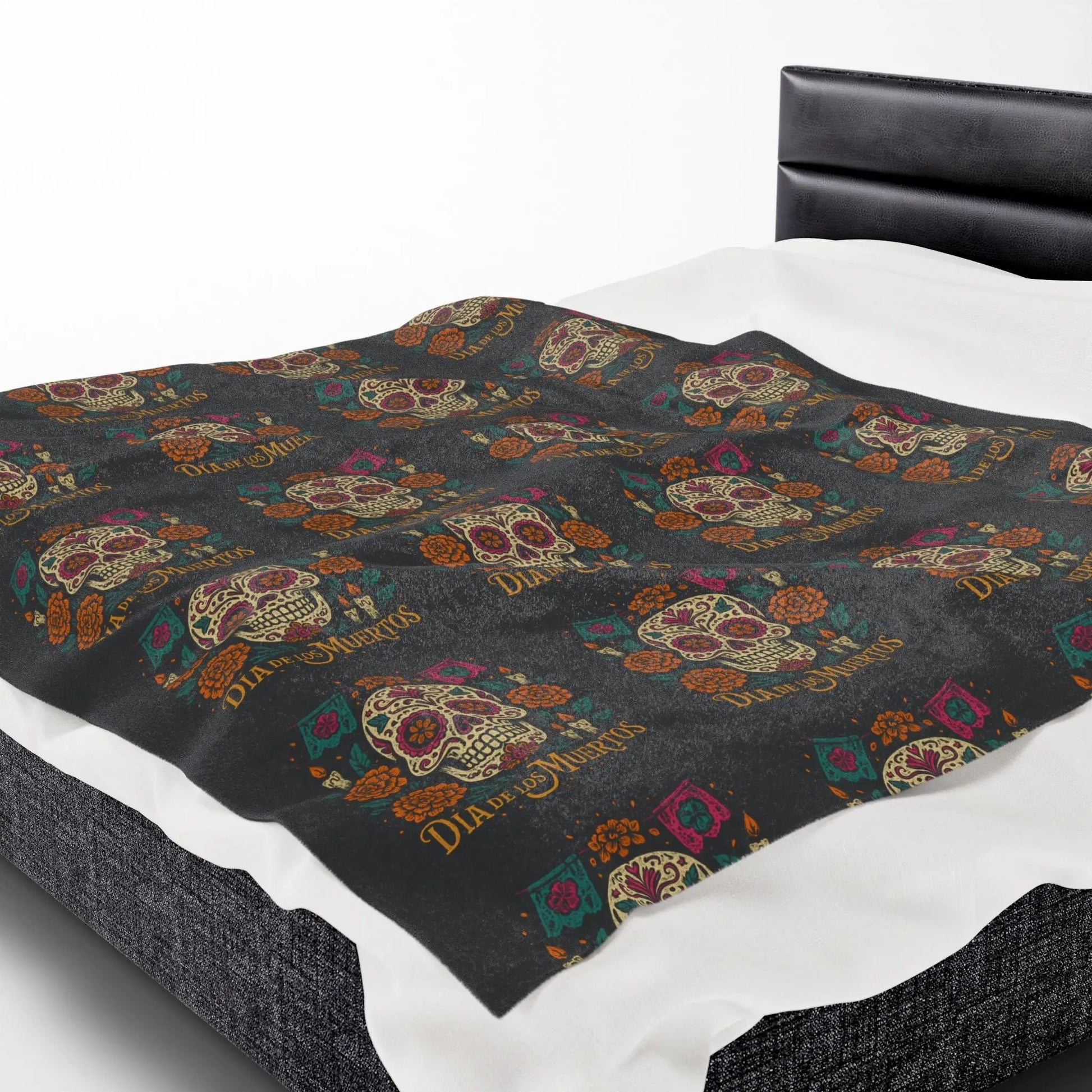 Velveteen Plush Blanket - Dia de los Muertos Skulls and Flowers Halloween Home Decor Printify