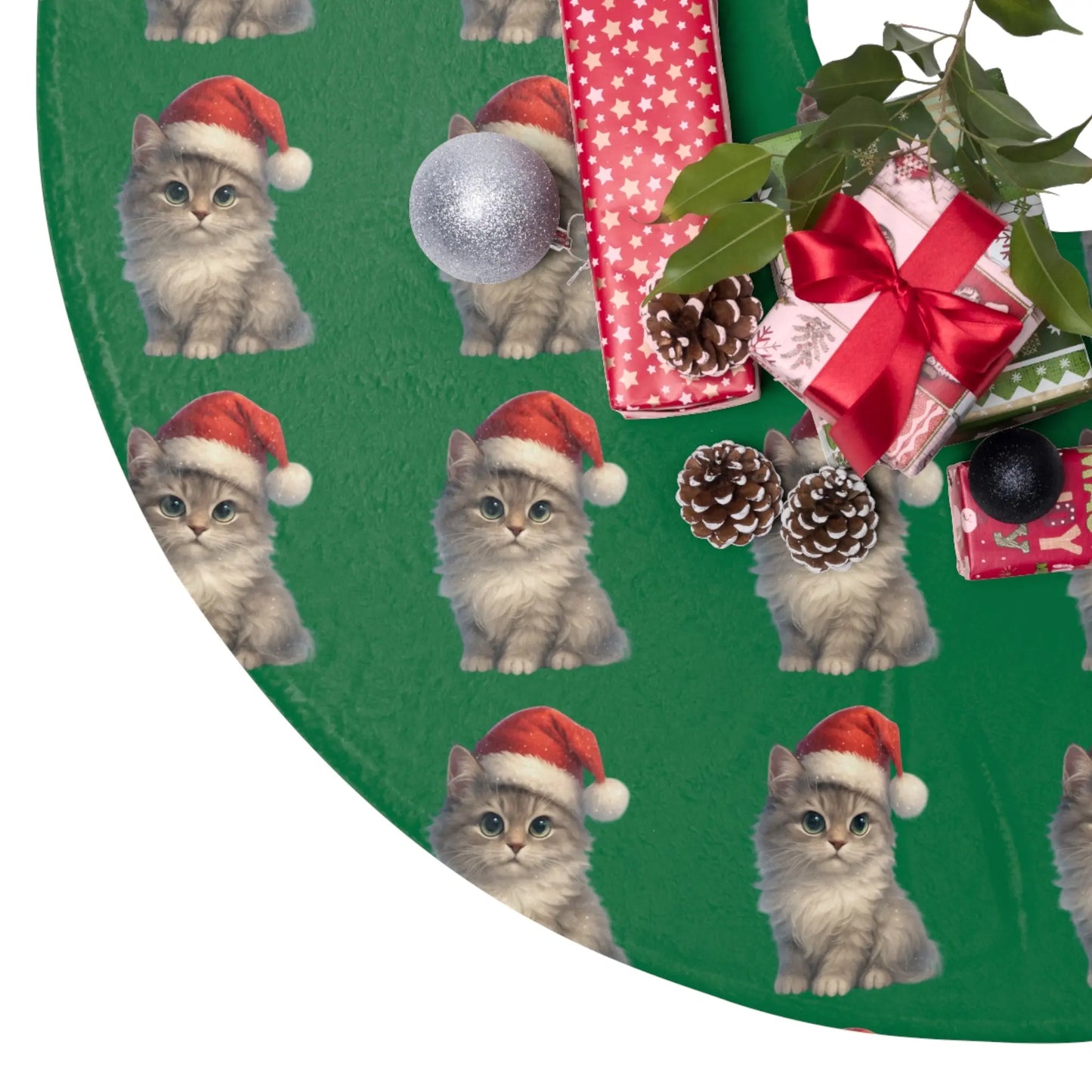Cute Kitten Santa Christmas Tree Skirt — Green Holiday Tree Skirt with Santa Hat Kittens Printify