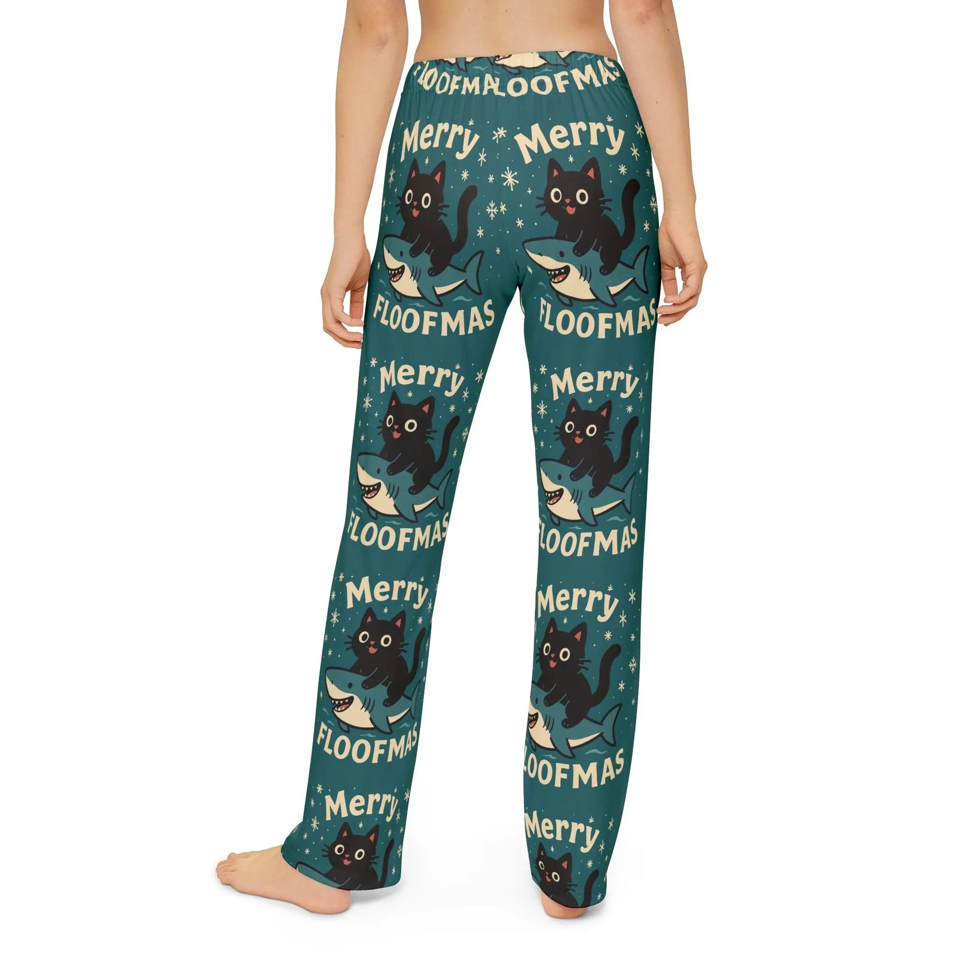 Kids Lounge Pants - 'Merry Floofmas' Cat & Shark Holiday Print Printify