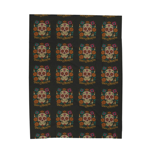 Velveteen Plush Blanket - Dia de los Muertos Skulls and Flowers Halloween Home Decor Printify