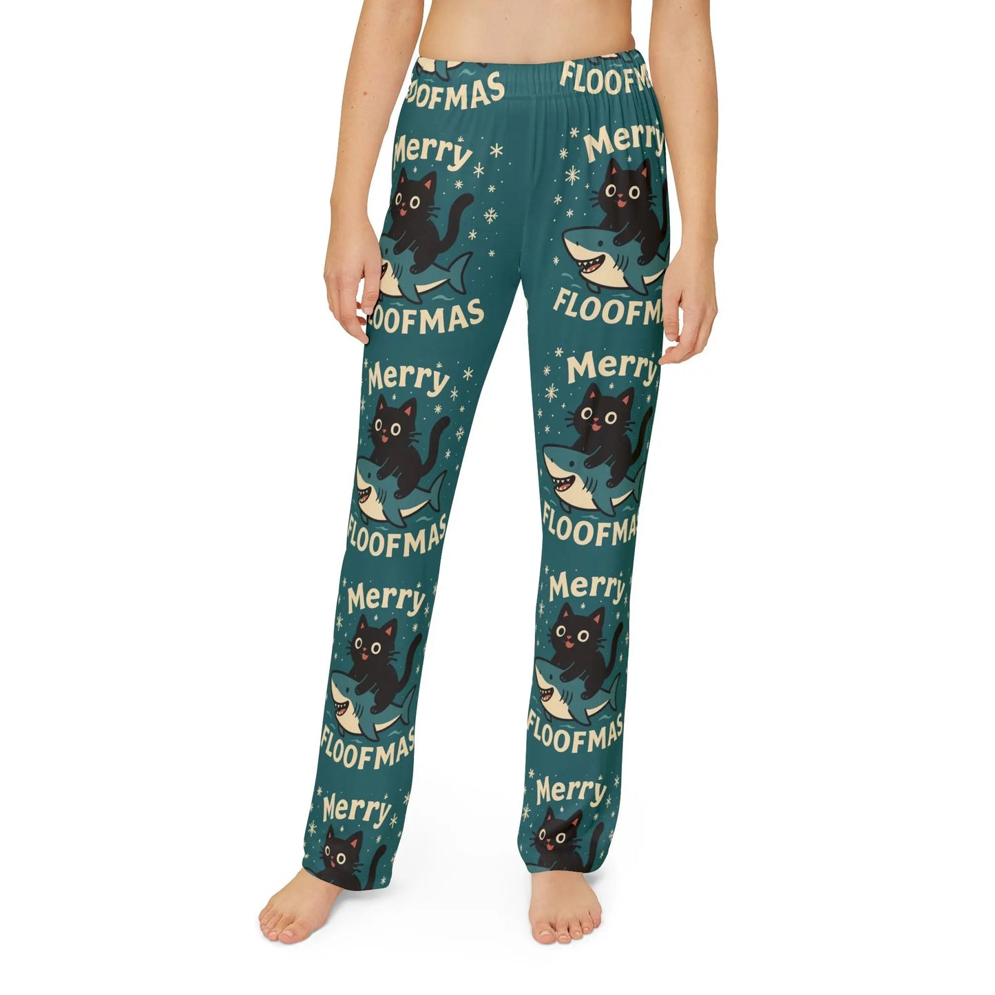 Kids Lounge Pants - 'Merry Floofmas' Cat & Shark Holiday Print Printify