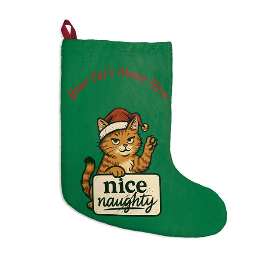 Cat Christmas Stocking – Personalized 'Nice/Naughty' Holiday Stocking with Santa Kitty Design Printify