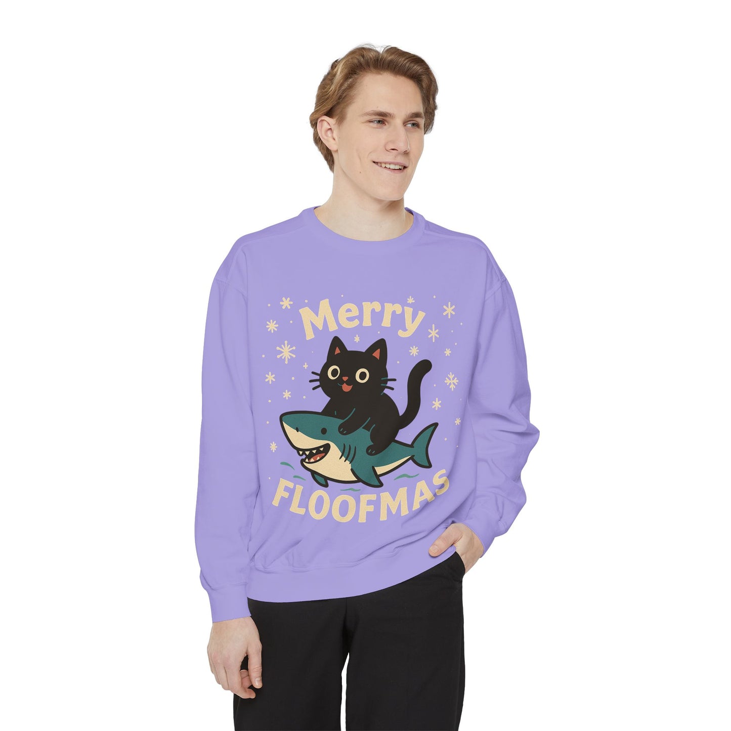 Merry Floofmas Sweatshirt — Cute Cat Riding Shark Holiday Sweater