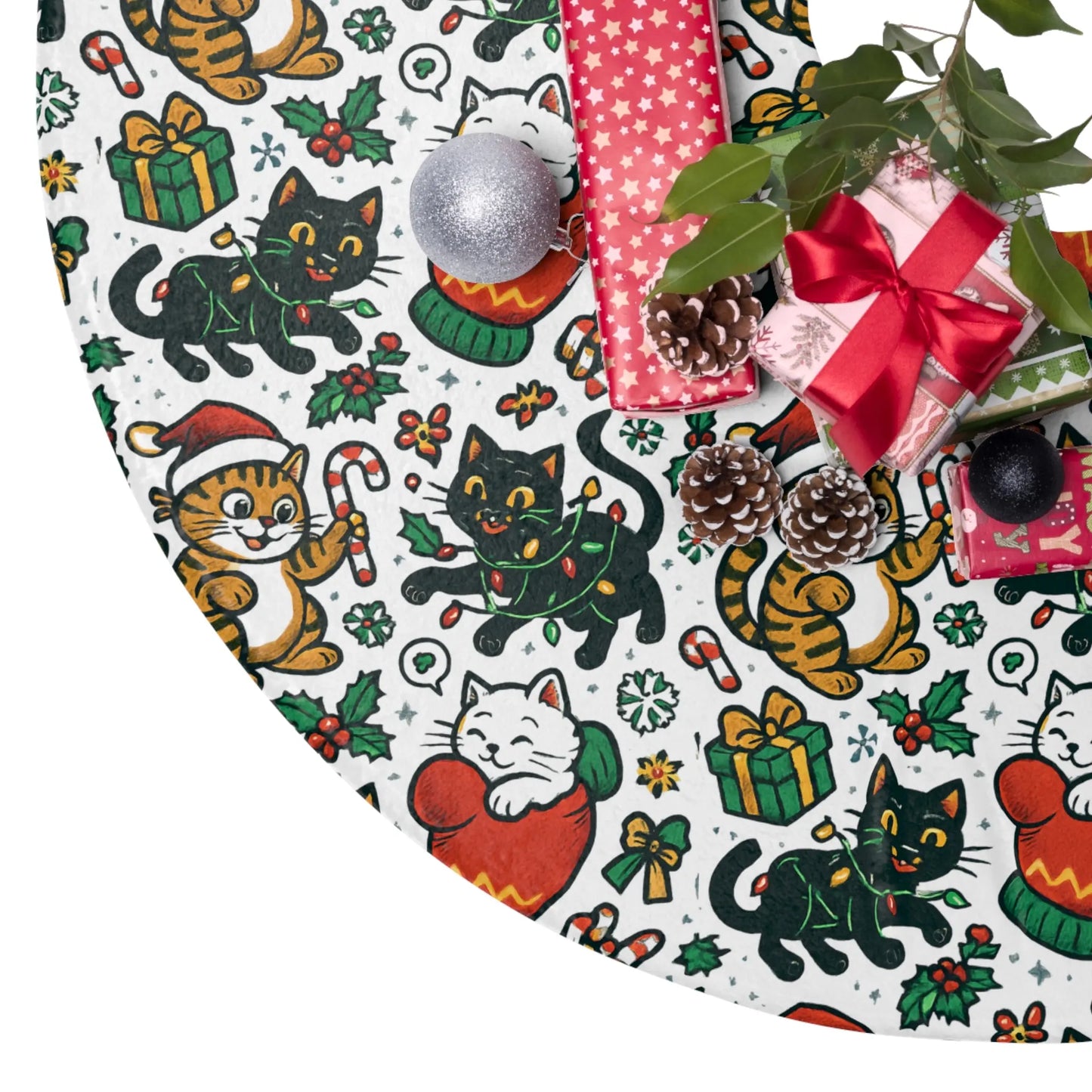 Cat Pattern Christmas Tree Skirt – Cute Holiday Kitty Tree Mat Printify