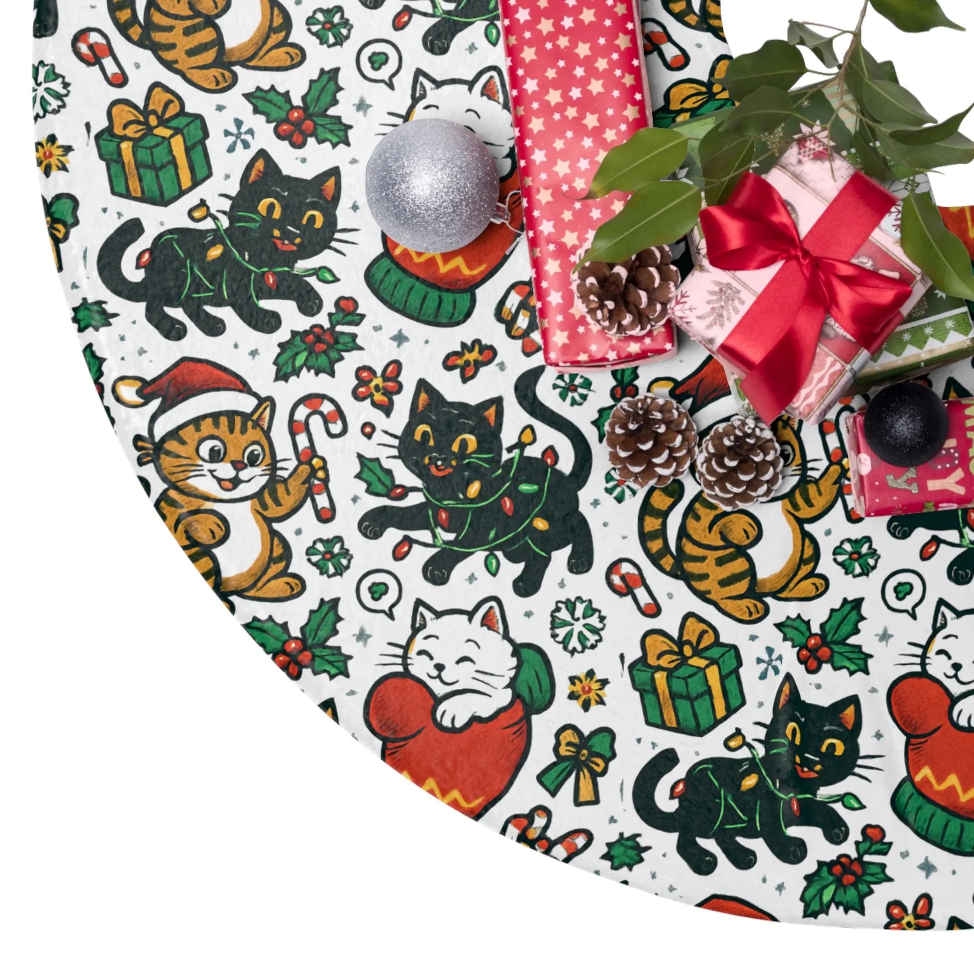 Cat Pattern Christmas Tree Skirt – Cute Holiday Kitty Tree Mat Printify