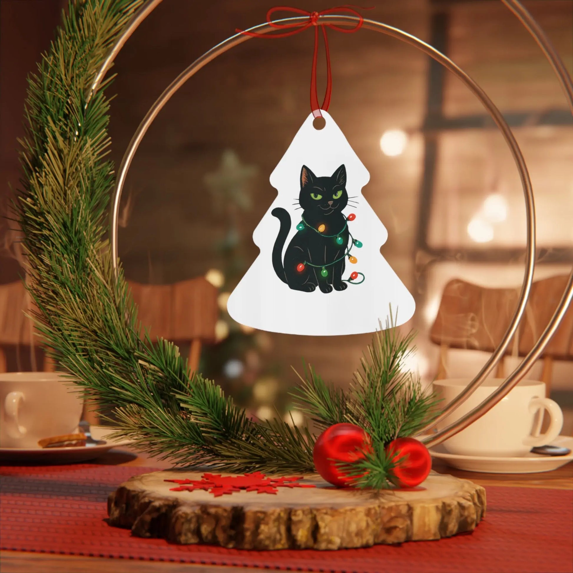 Bell Metal Ornament — Black Cat with Christmas Lights, “Definitely Naughty. Christmas 2025” Printify