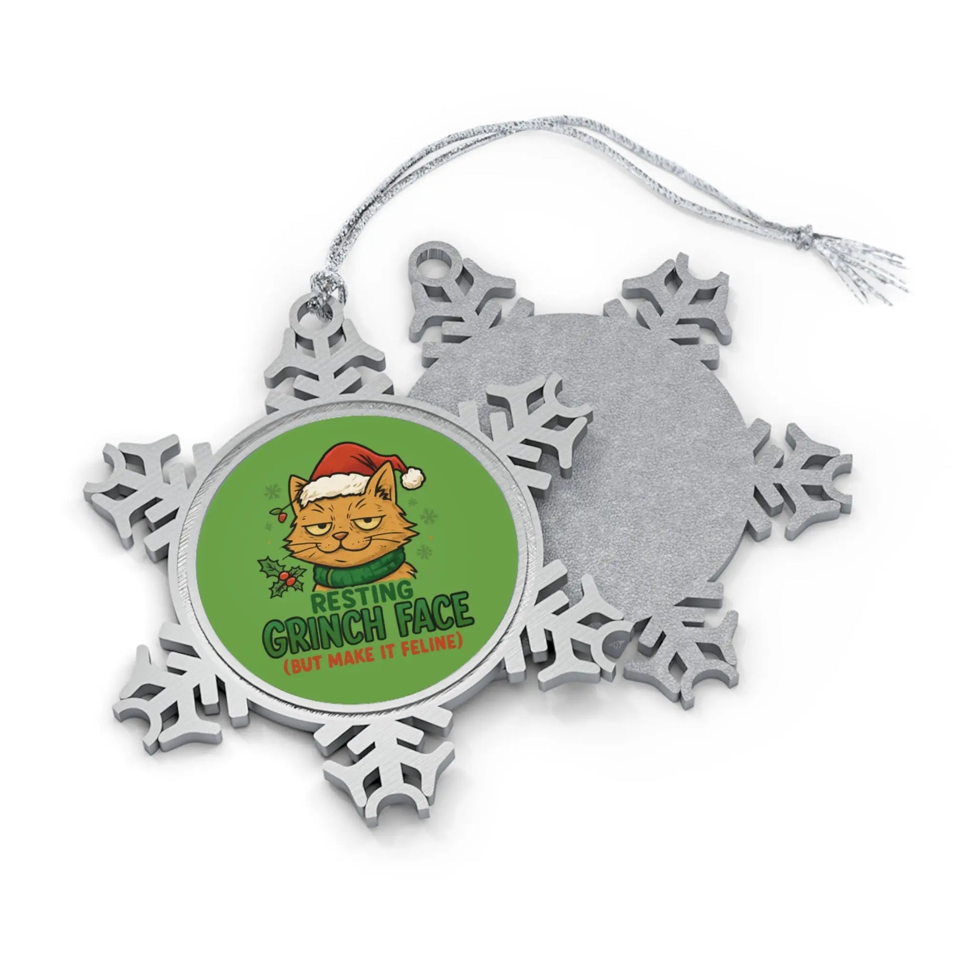 Pewter Snowflake Ornament — 'Resting Grinch Face' Cat Holiday Decoration Printify