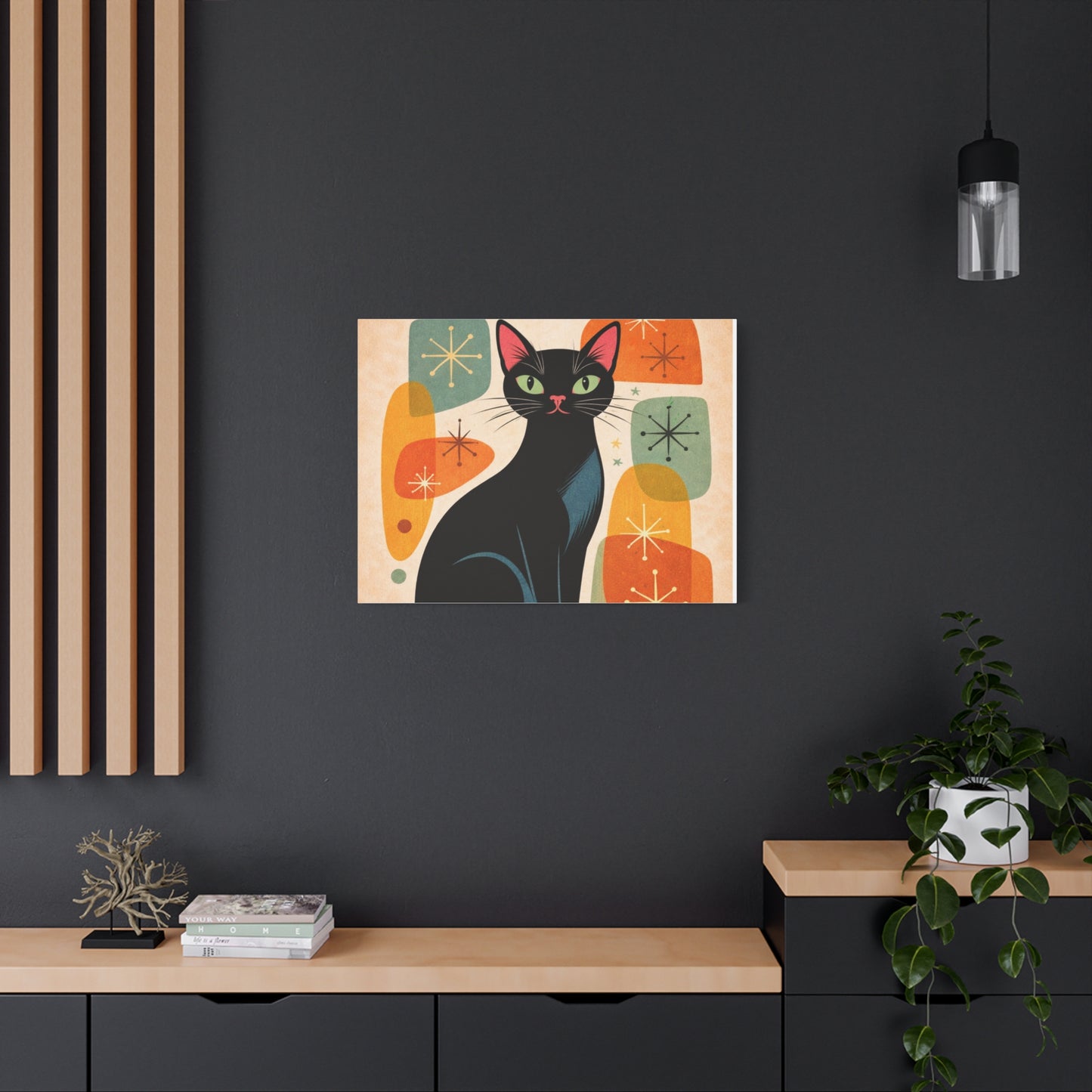 Mid-Century Modern Black Cat Canvas Print — Matte Stretched Wall Art