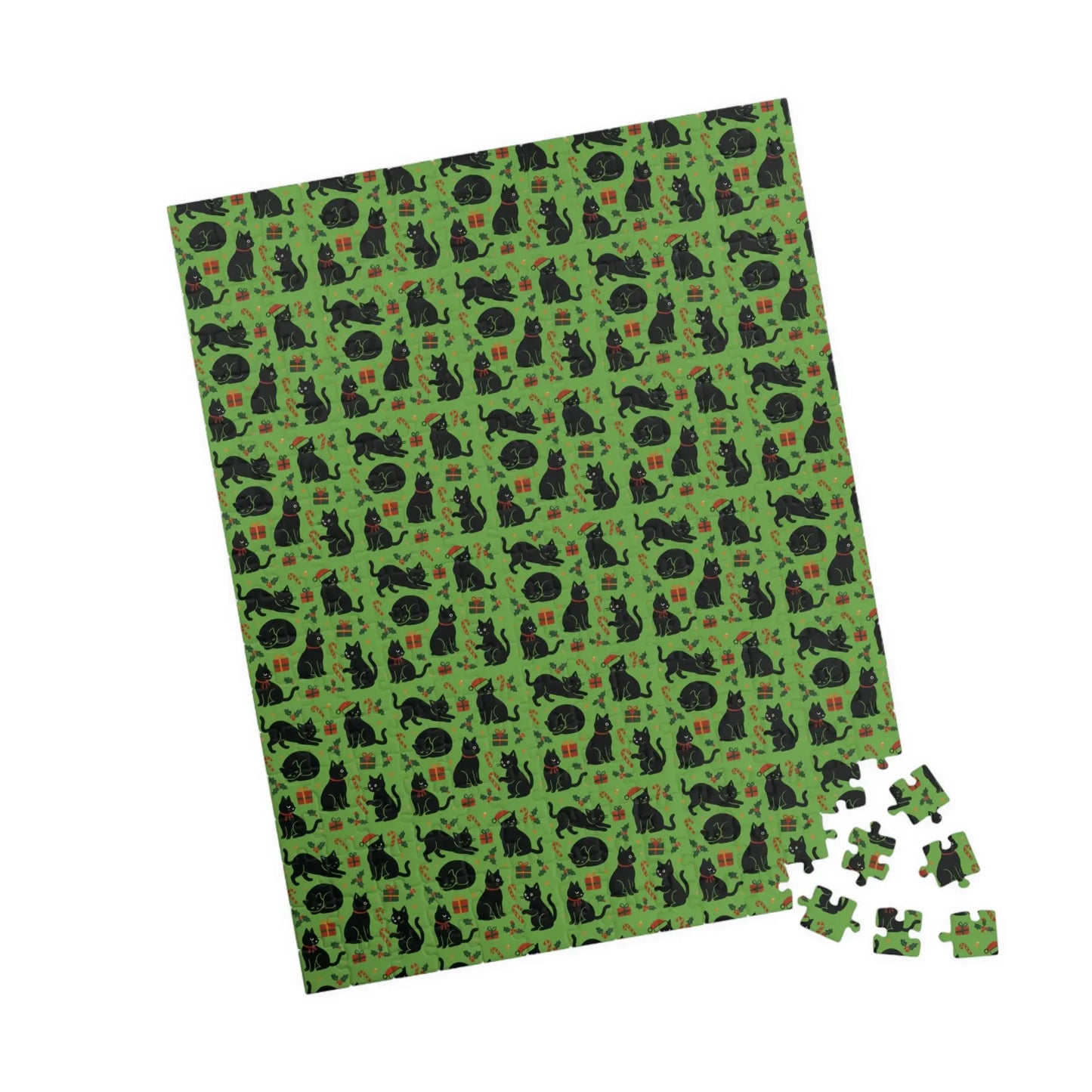 Green Christmas Cats Puzzle – Spooky Cat Pattern Jigsaw (110/252/520/1014 pcs) Printify