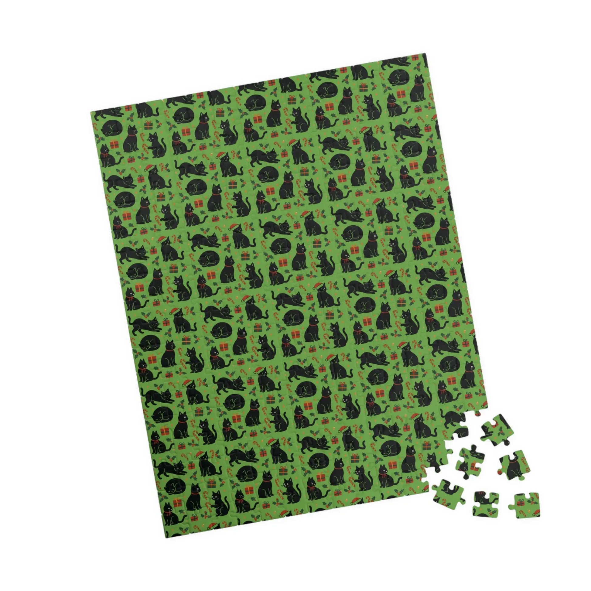 Green Christmas Cats Puzzle – Spooky Cat Pattern Jigsaw (110/252/520/1014 pcs) Printify