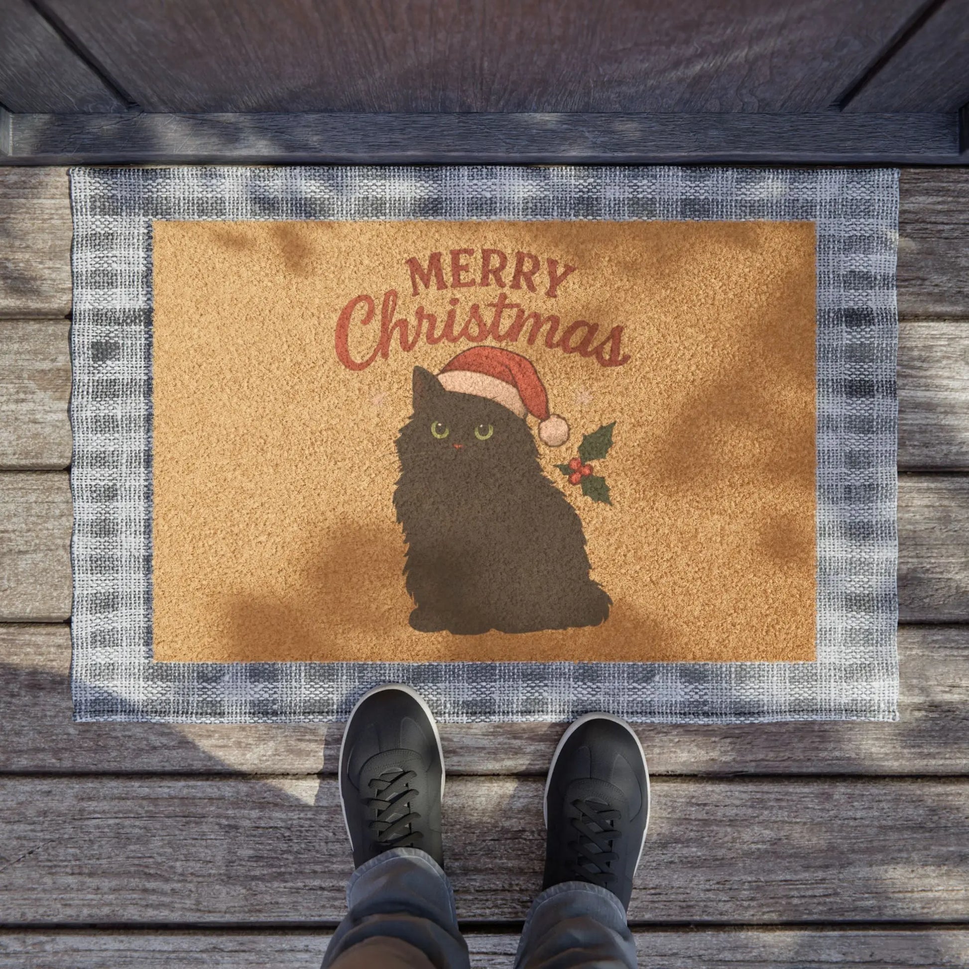 Merry Christmas Black Cat Doormat — Holiday Welcome Mat Printify