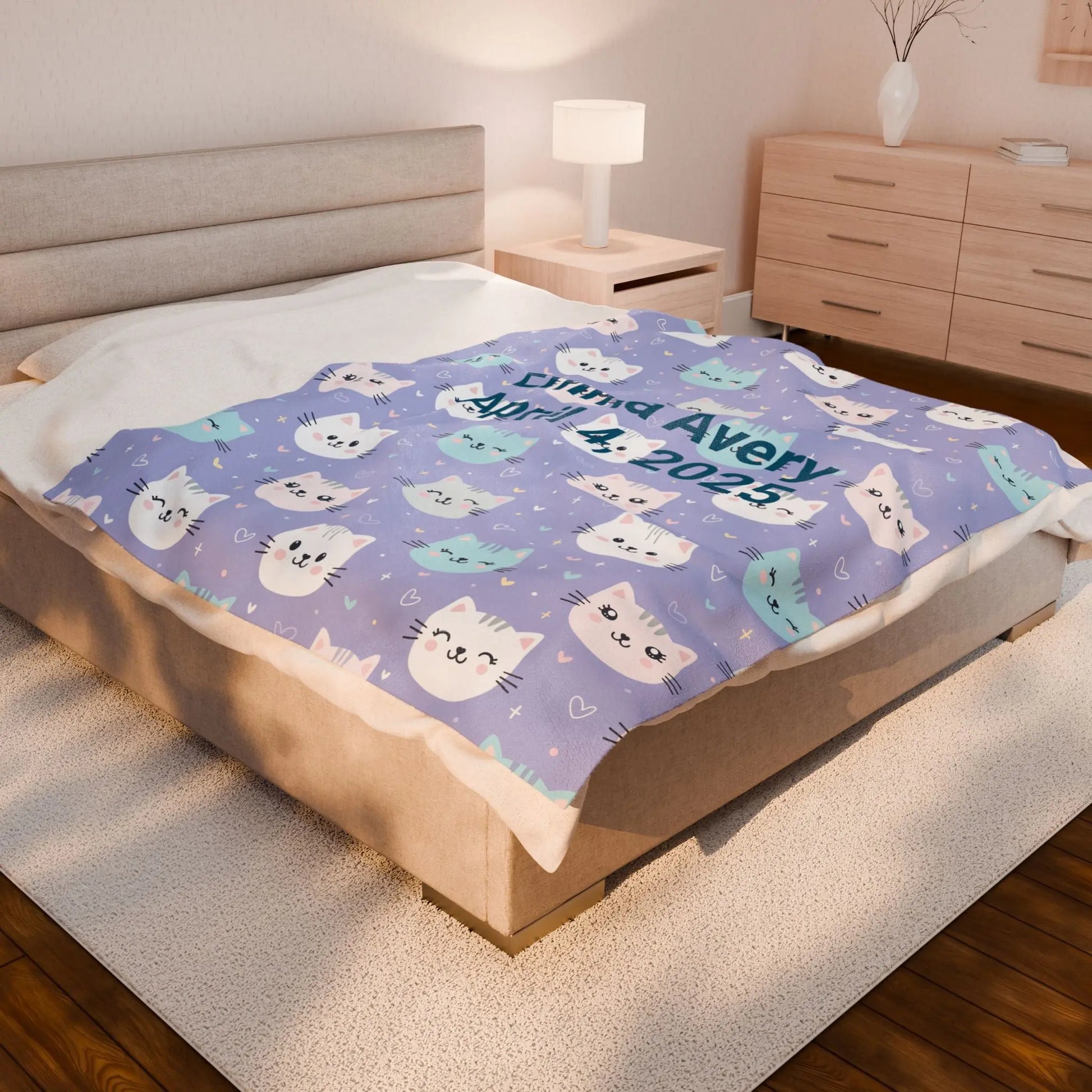 Personalized Cat Velveteen Blanket, Cozy Baby Shower Gift, Nursery Decor, Cat Lover's Plush Throw, Custom Cat Pattern Bedding Printify