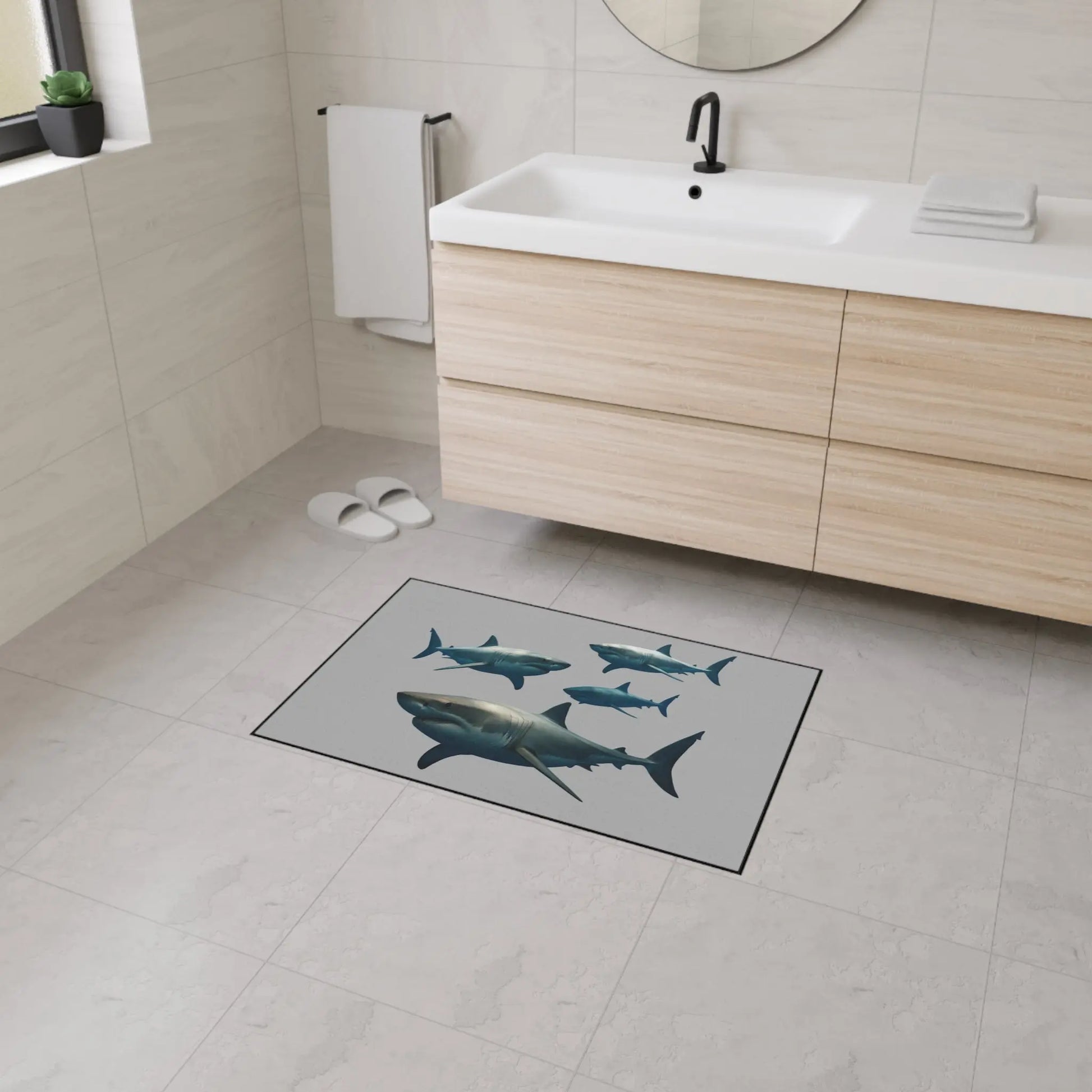 Shark School Heavy-Duty Floor Mat — Durable Ocean Shark Rug for Entryway, Garage, or Bathroom Printify