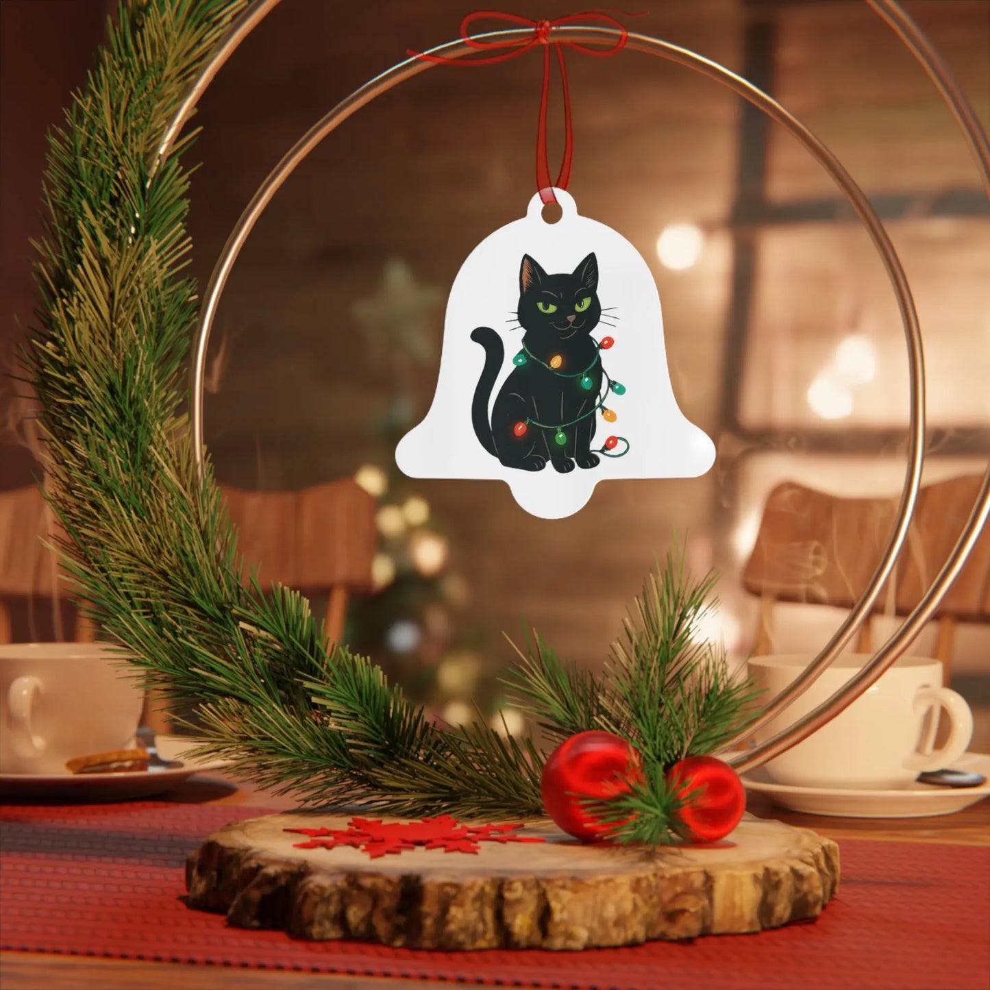 Bell Metal Ornament — Black Cat with Christmas Lights, “Definitely Naughty. Christmas 2025” Printify