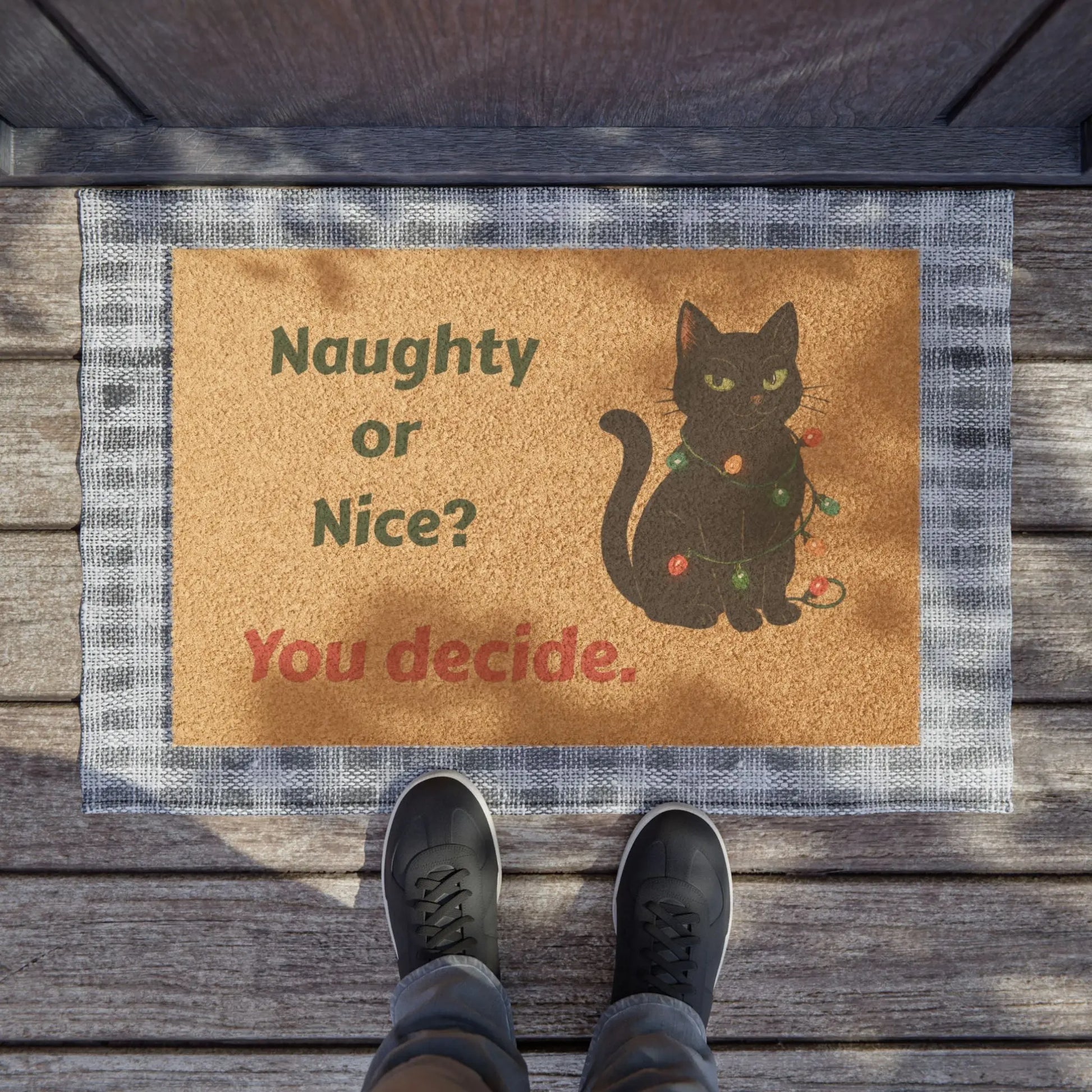 Naughty or Nice? Cat Doormat – Funny Holiday Welcome Mat with Christmas Lights Printify