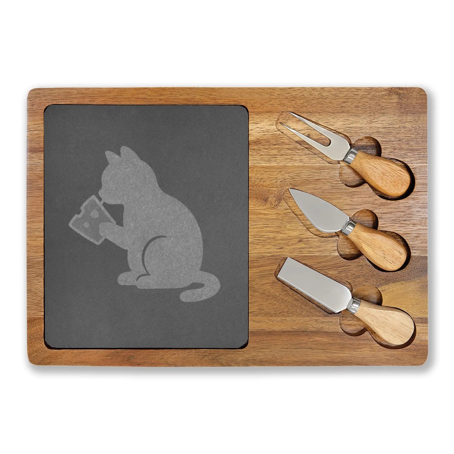 Engraved Cat Cheese Board — Bamboo Charcuterie Set with Slate Inlay Printify