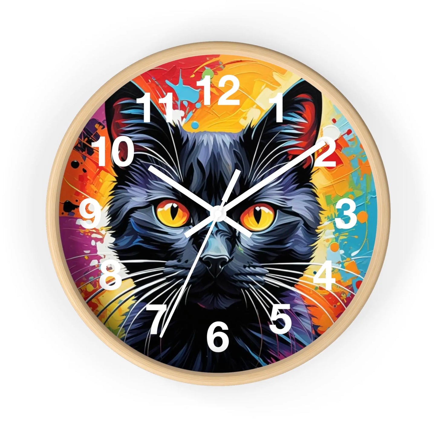 Black Cat Wall Clock — Colorful Pop Art Cat Clock with Yellow Eyes Printify