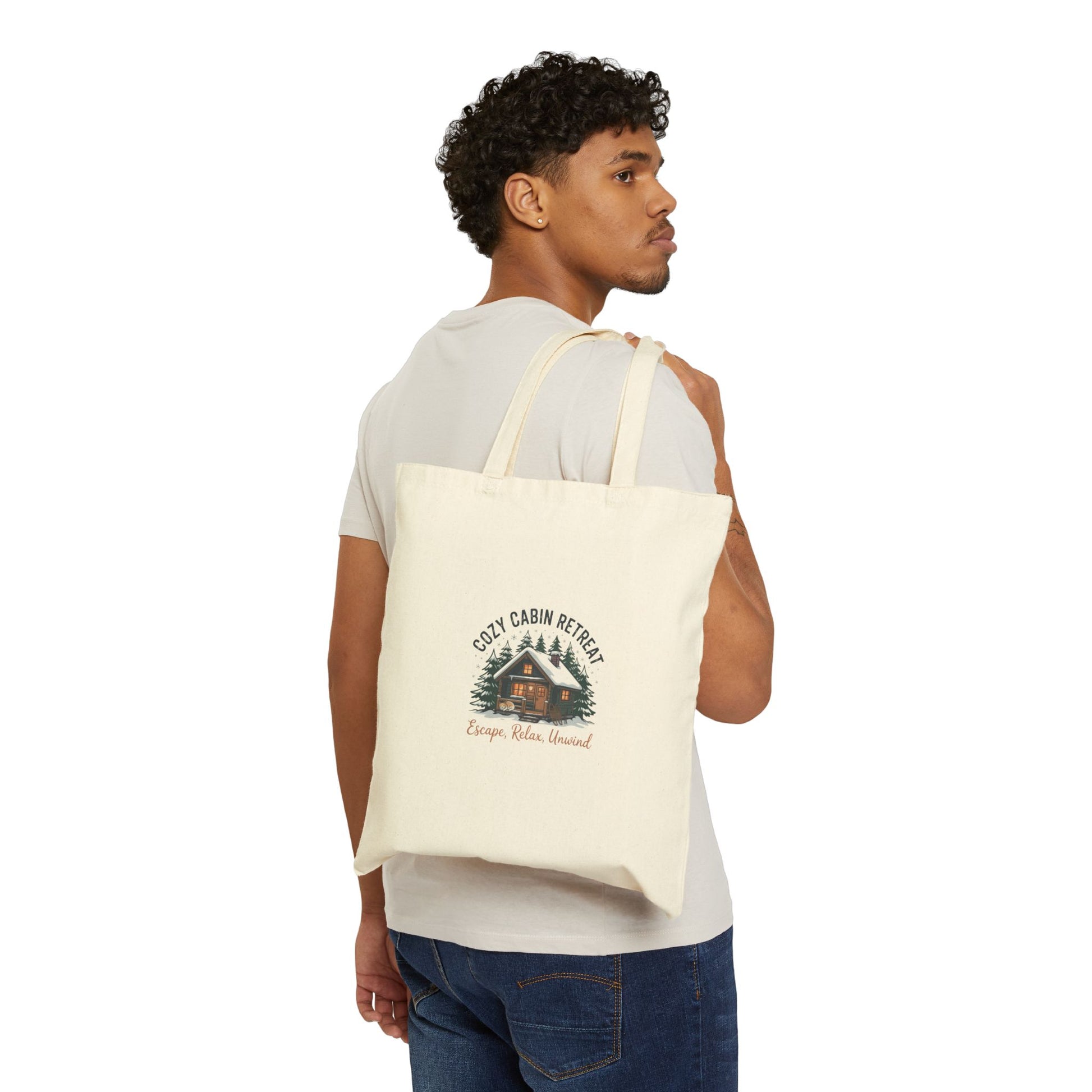 Cozy Cabin Retreat Tote, mountain silhouette design | cozy lodge aesthetic Printify