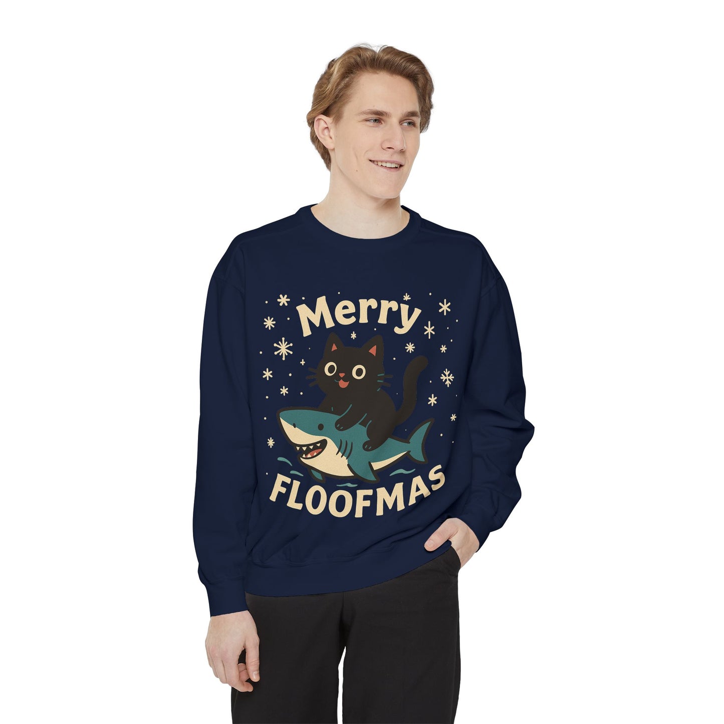 Merry Floofmas Sweatshirt — Cute Cat Riding Shark Holiday Sweater