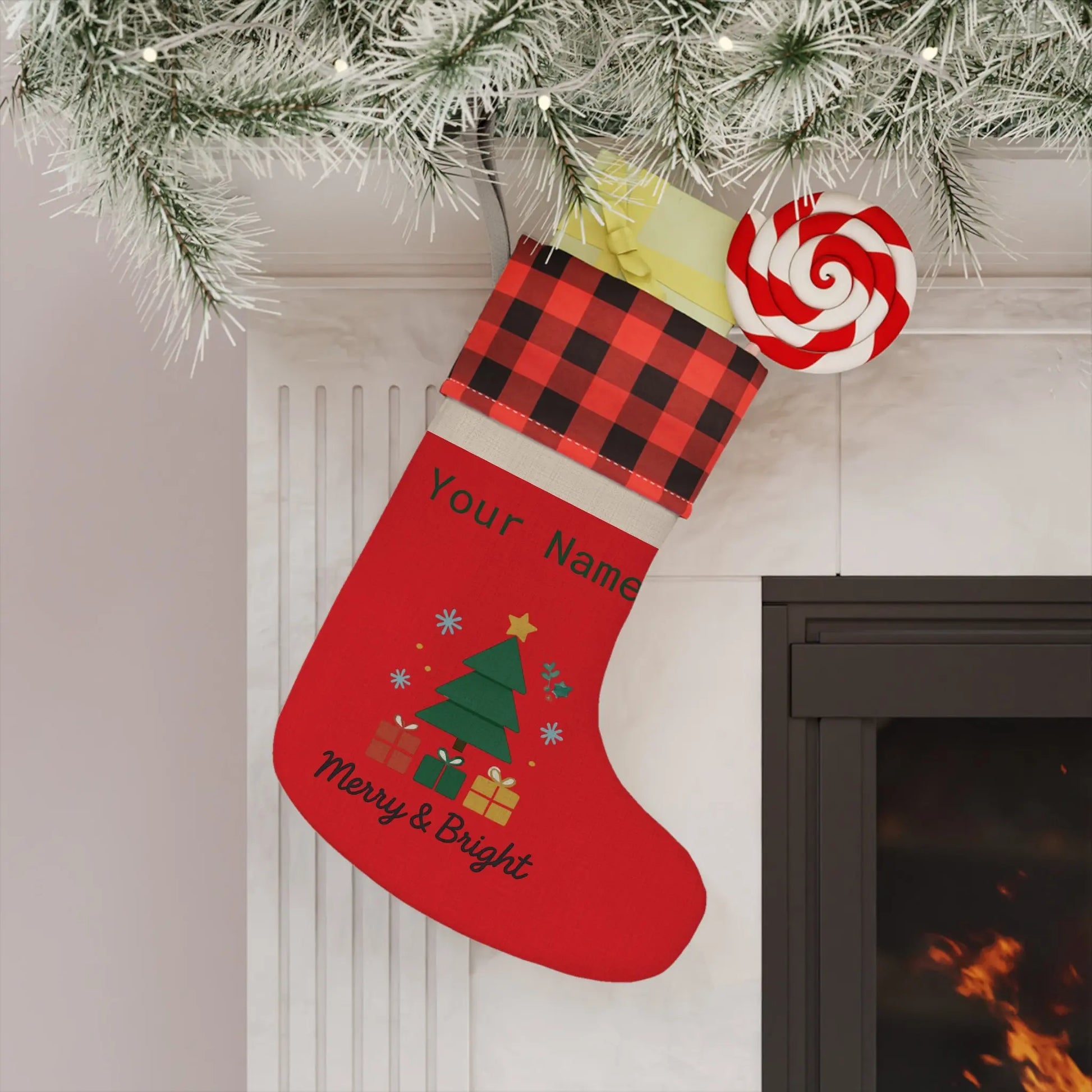 Personalized Merry & Bright Christmas Stocking – Buffalo Plaid Cuff, Custom Name Holiday Decor Printify