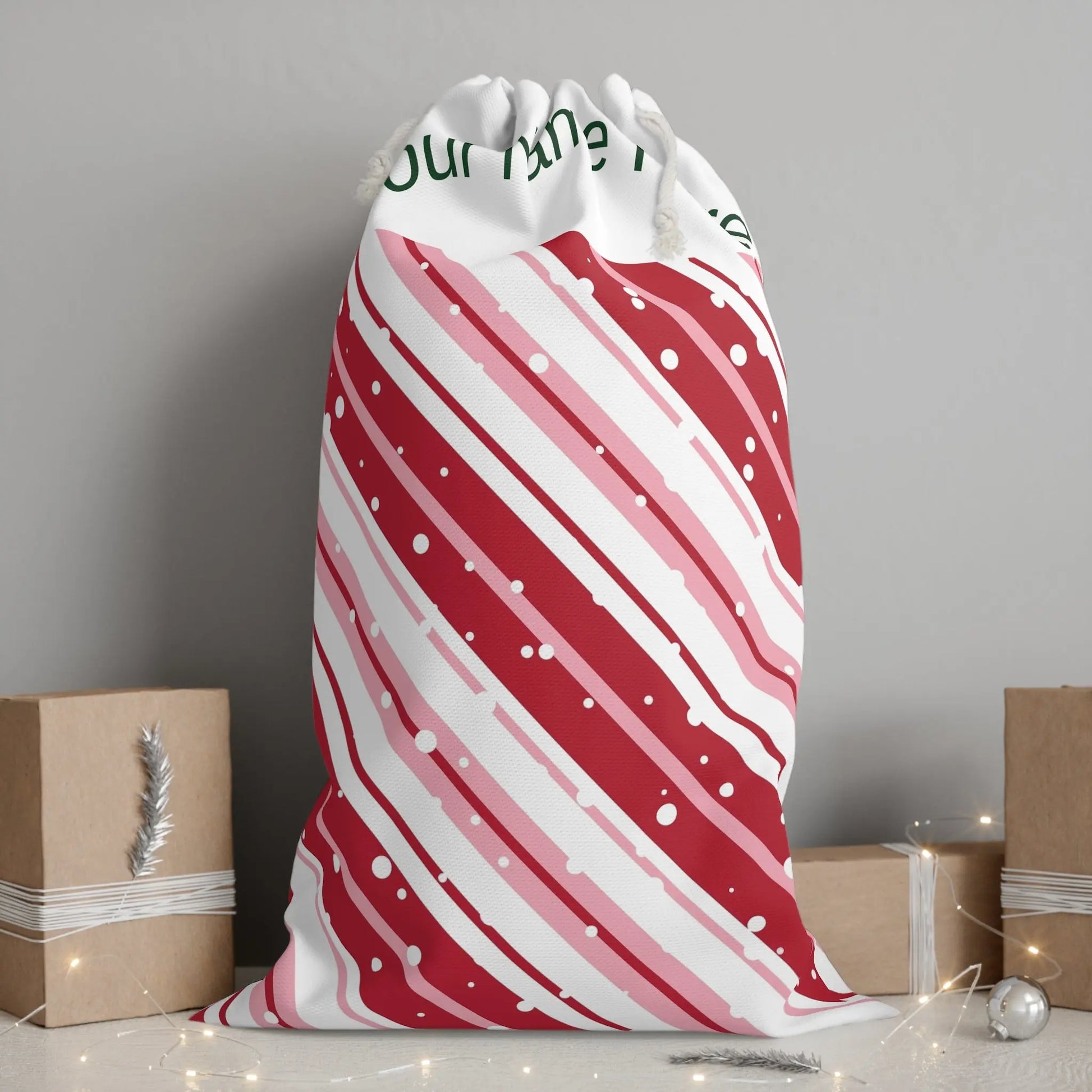 Personalized Candy Cane Stripe Gift Sack – Custom Name Christmas Gift Bag Printify