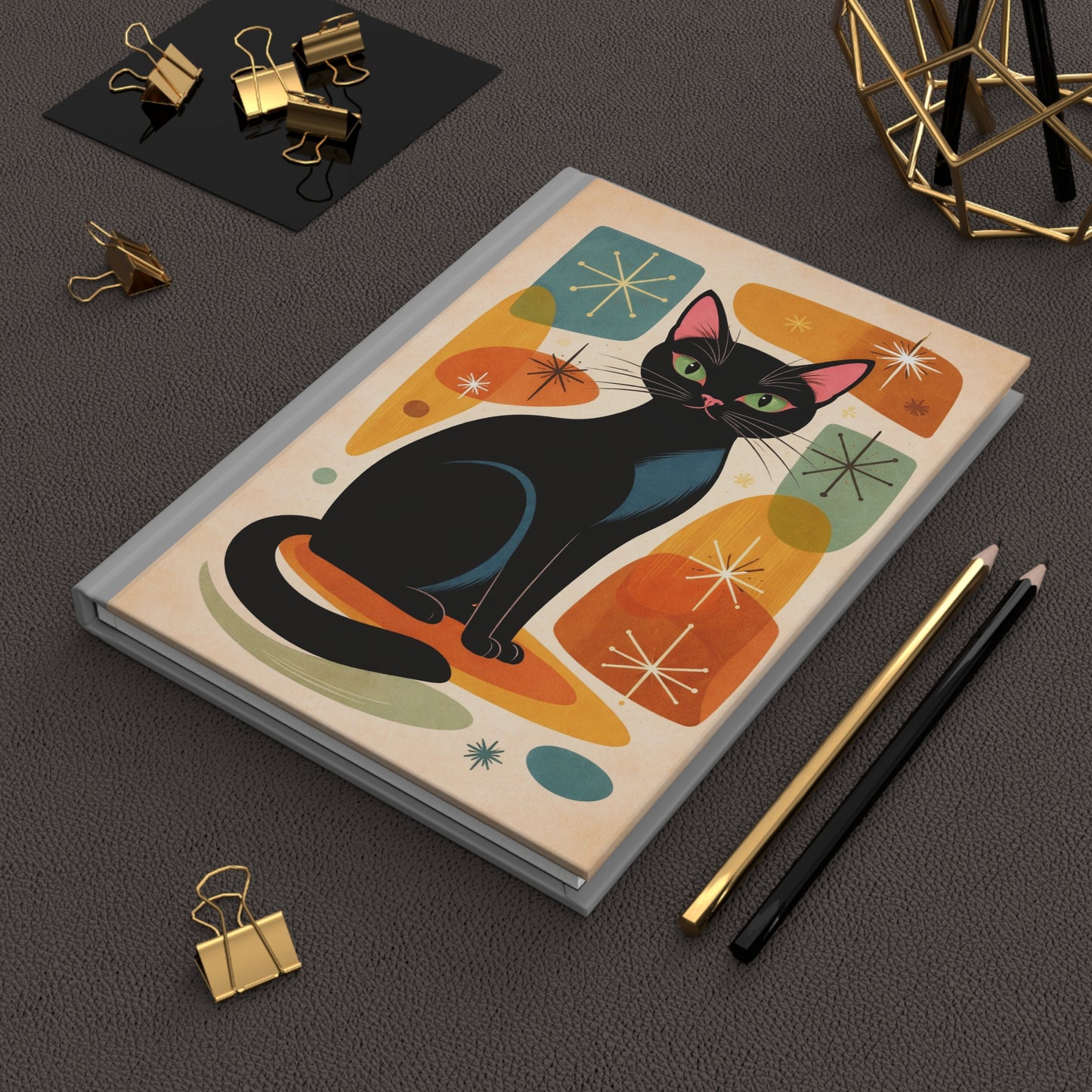 Retro Black Cat Hardcover Journal — Mid Century Modern Notebook for Cat Lovers