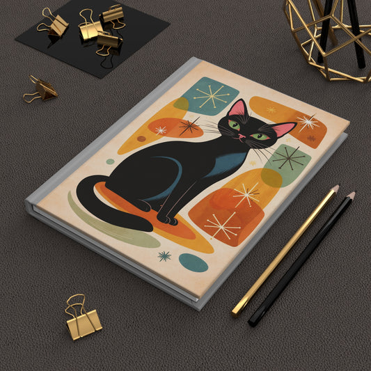 Retro Black Cat Hardcover Journal — Mid Century Modern Notebook for Cat Lovers