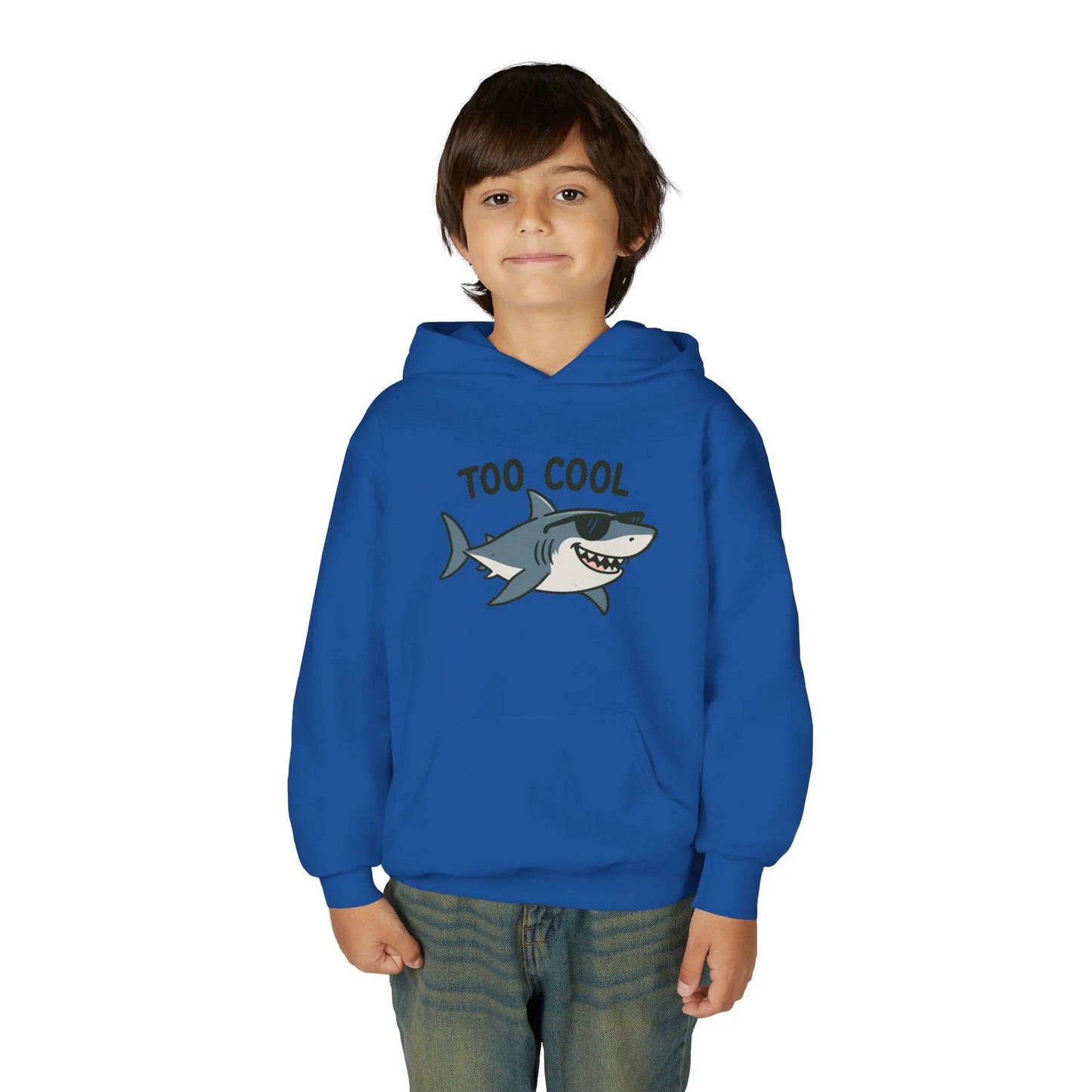 Youth Hoodie - 'Too Cool' Shark Graphic Pullover Printify