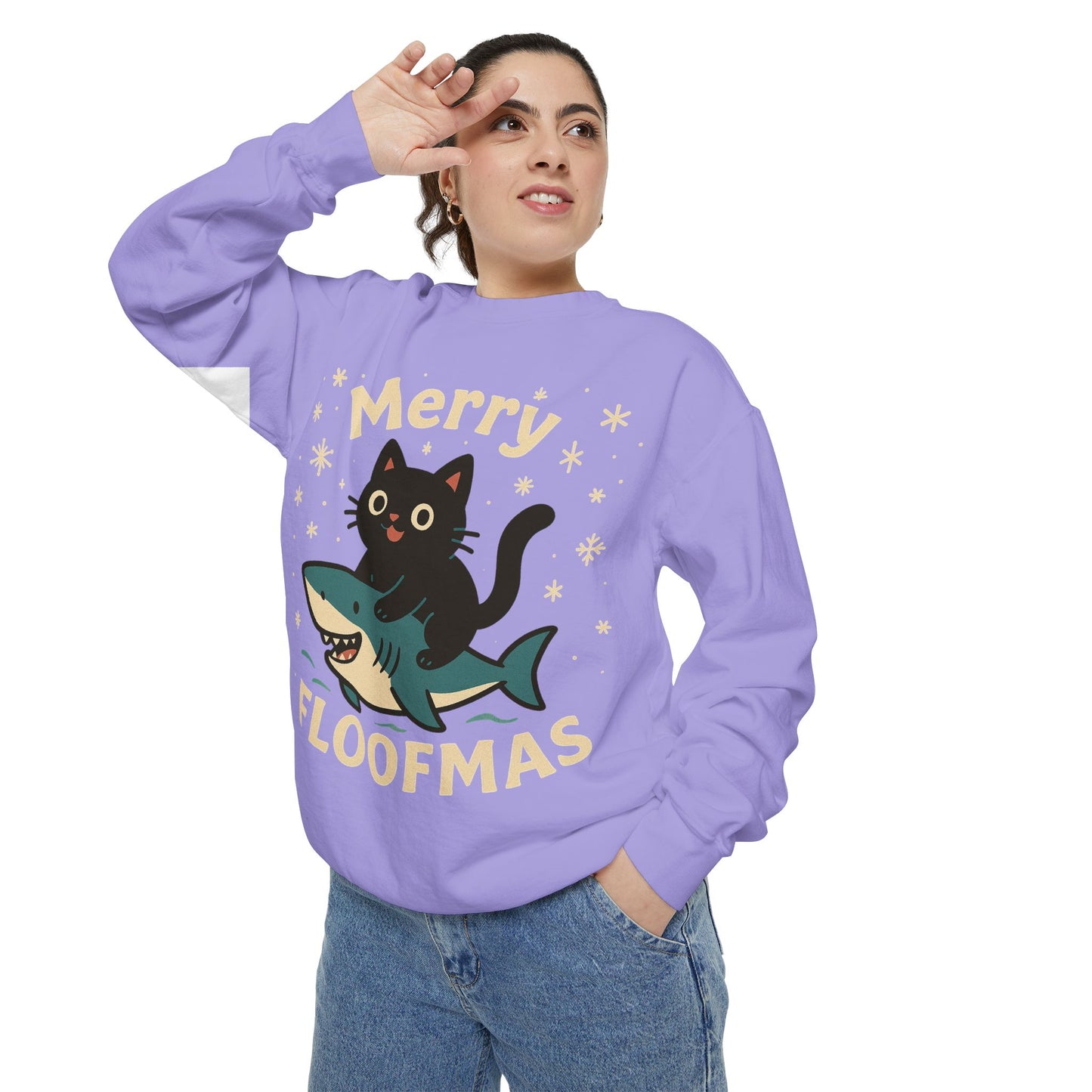 Merry Floofmas Sweatshirt — Cute Cat Riding Shark Holiday Sweater