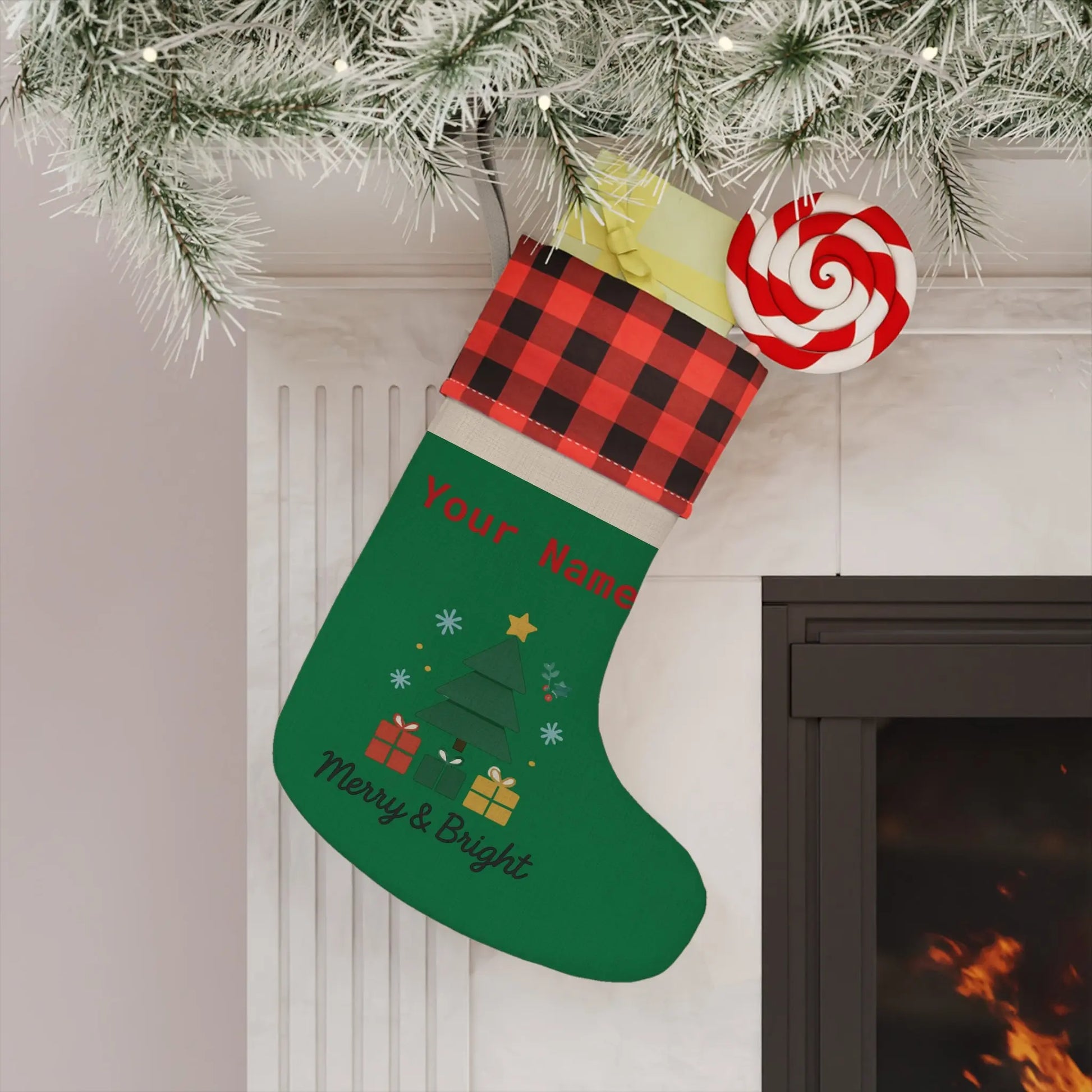 Personalized Merry & Bright Christmas Stocking – Buffalo Plaid Cuff, Custom Name Holiday Decor Printify
