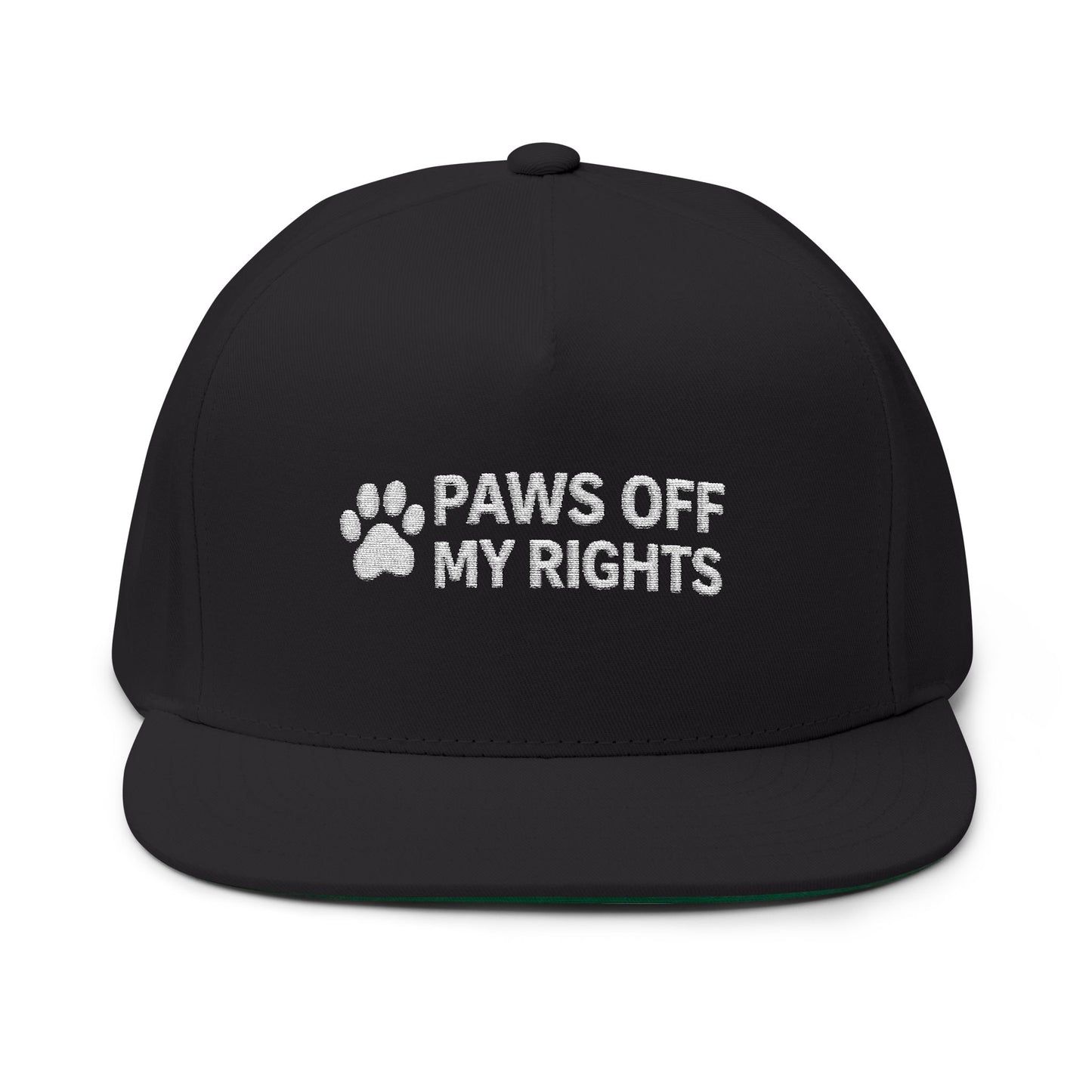 Paws Off My Rights Flat Bill Cap — Embroidered Cat Paw Freedom Hat