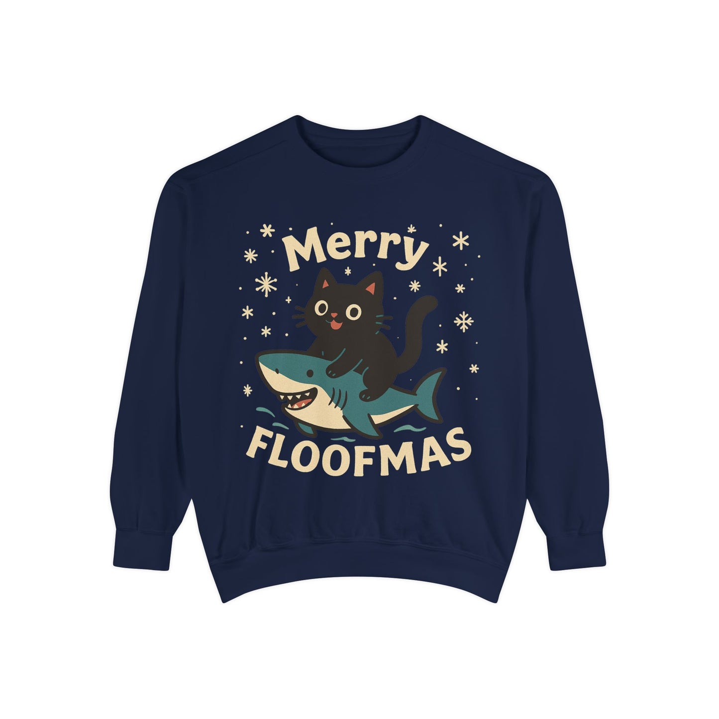 Merry Floofmas Sweatshirt — Cute Cat Riding Shark Holiday Sweater