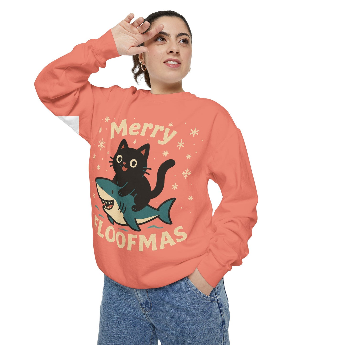 Merry Floofmas Sweatshirt — Cute Cat Riding Shark Holiday Sweater