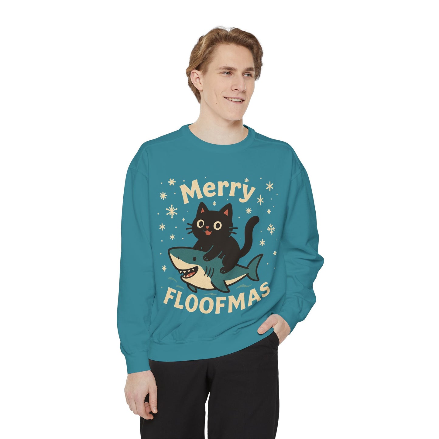 Merry Floofmas Sweatshirt — Cute Cat Riding Shark Holiday Sweater