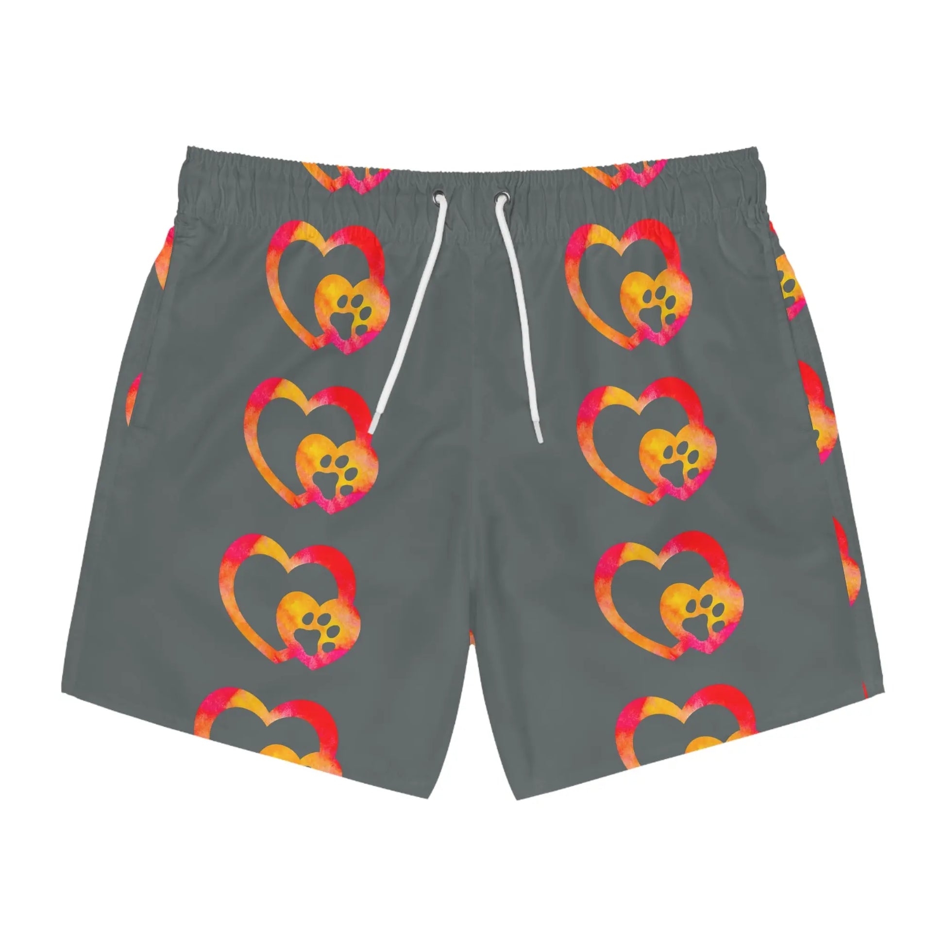 Colorful Heart & Paw Print Swim Trunks - FloofChonk
