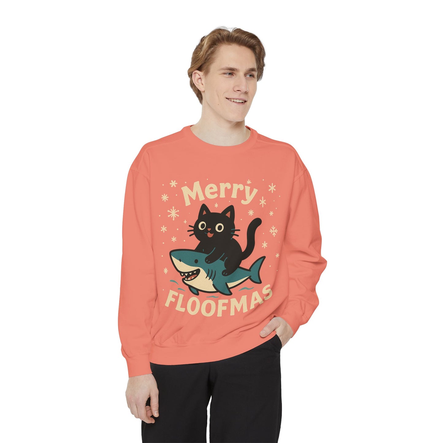 Merry Floofmas Sweatshirt — Cute Cat Riding Shark Holiday Sweater